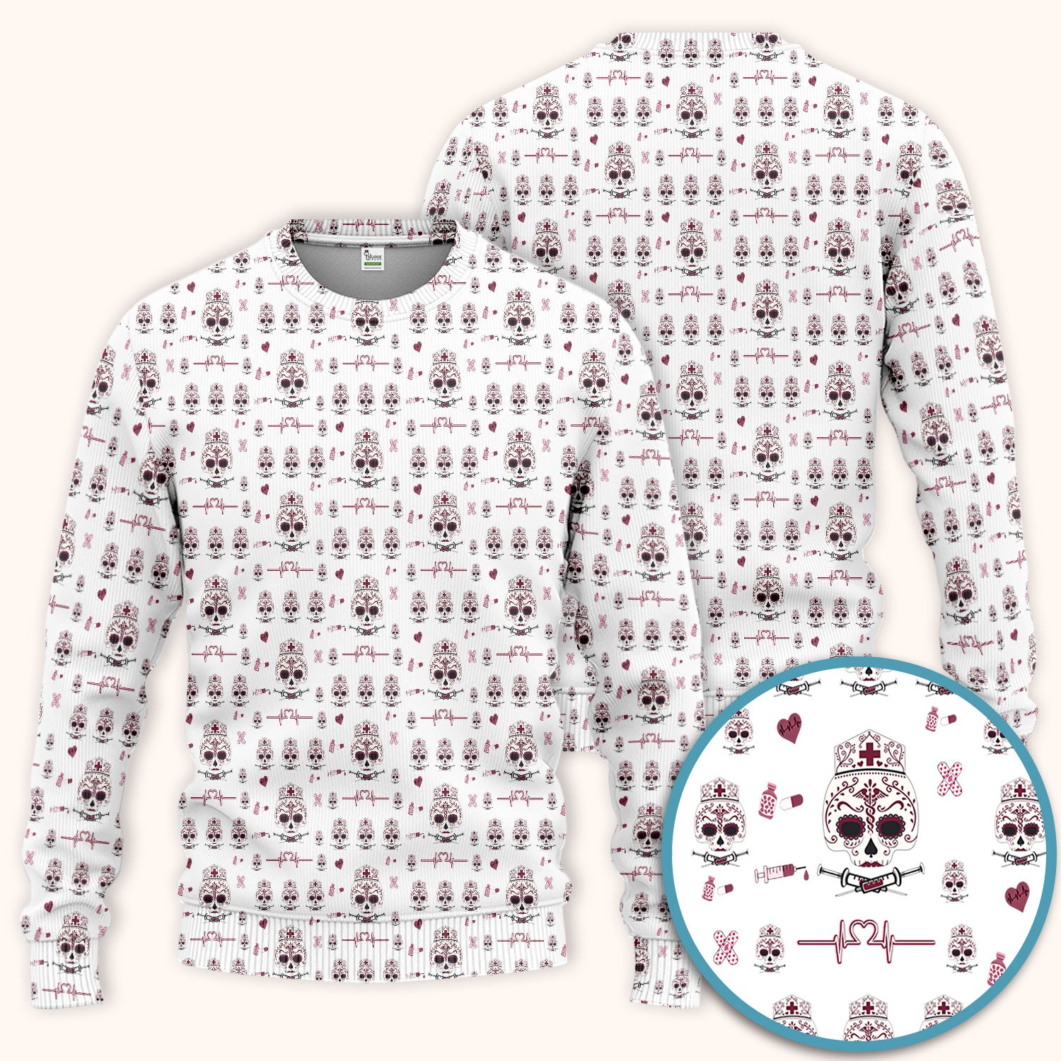 Sugar Skull Scrub Set, Skull Pattern Scrub Shirt, Breathable Fabrics Nursing Uniform