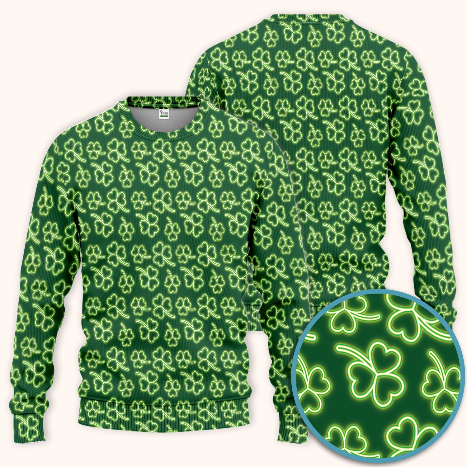Neon Shamrock Nurse Scrub Set, St. Patrick’s Day Glow Green Pattern Pattern Shirt,  Breathable Fabrics Nursing Uniform