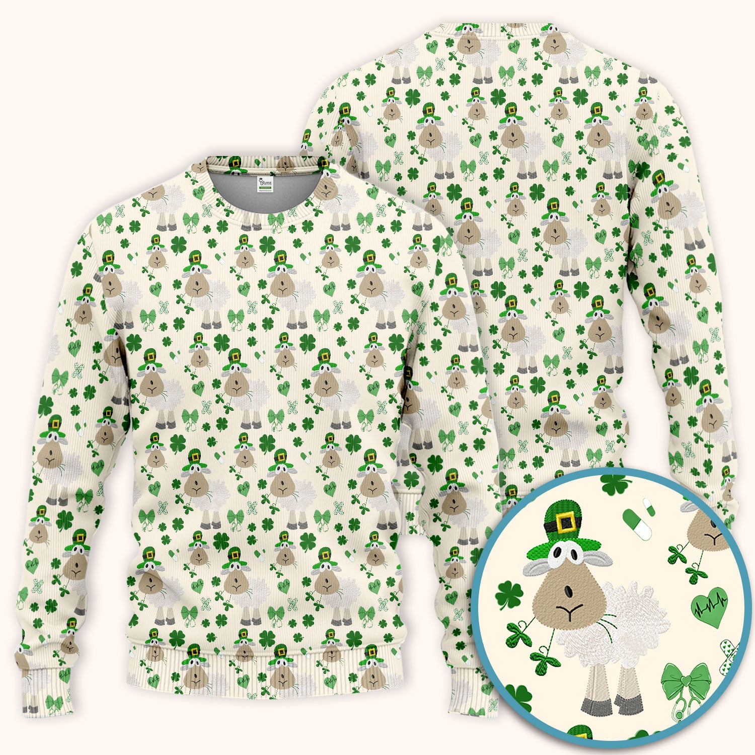 Nurse St. Patrick Scrubs Set, Cute Sheep Shamrock Pattern Nurse Shirt, Breathable Fabrics Nursing Uniform