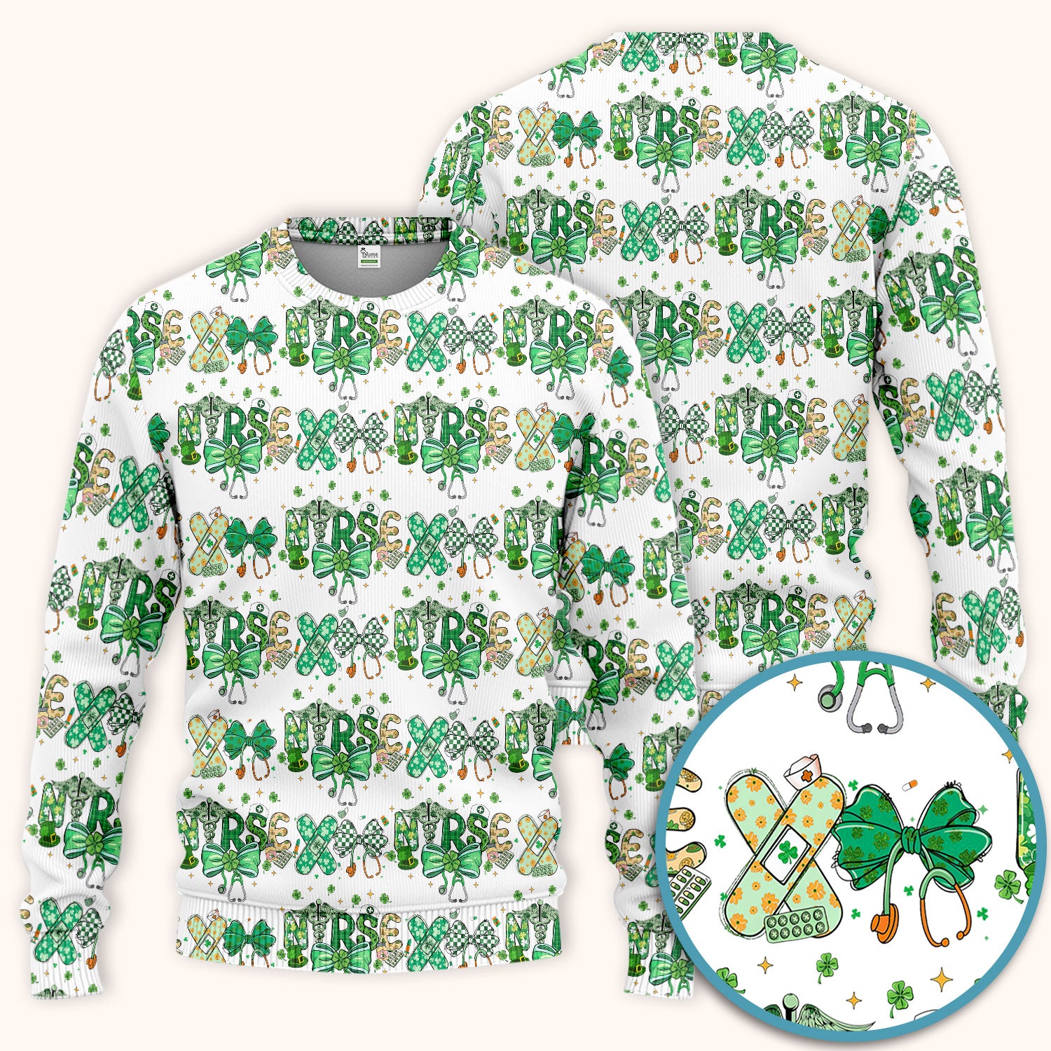 St. Patrick’s Nurse Scrub Set, Lucky Clover And Green Bow Pattern Nurse Shirt, Breathable Fabrics Nursing Uniform