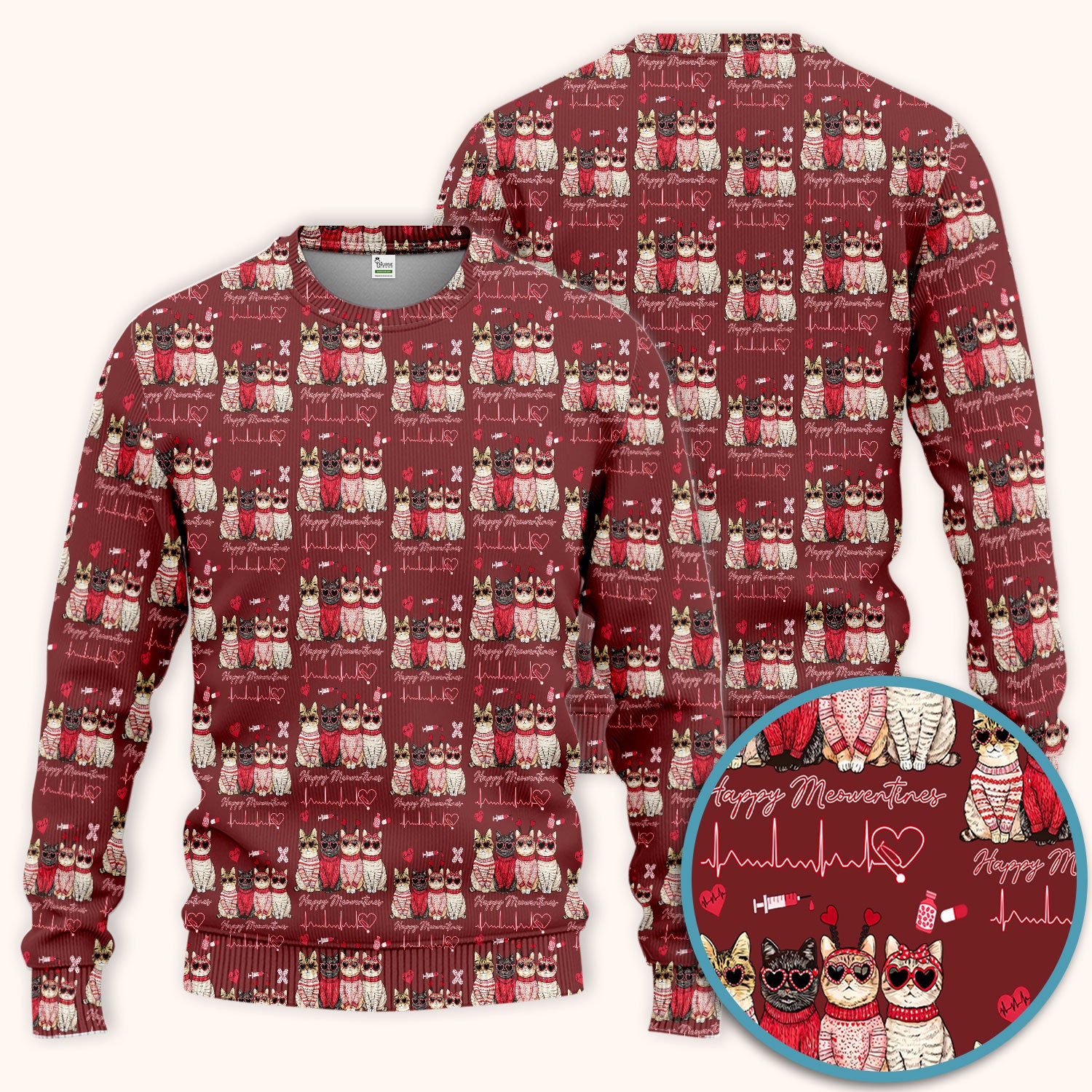 Happy Meowtines Cat Pattern Scrub Set, Valentine Cat Lover Nurse Scrub Shirt, Heartbeat Medical Pattern Nursing Uniform