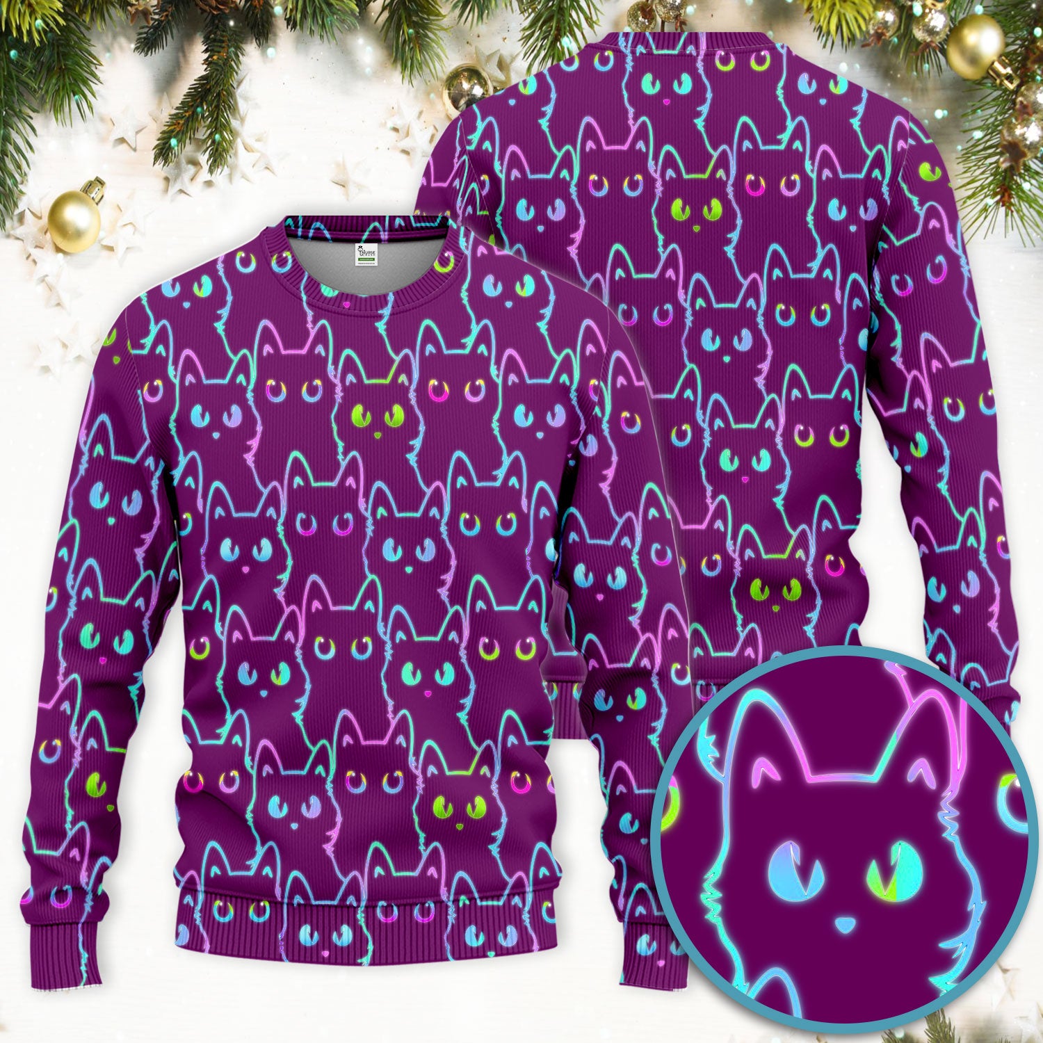 Neon Cat Pattern Scrub Set, Black Cat Scrub Shirt, Breathable Fabrics Nursing Uniform