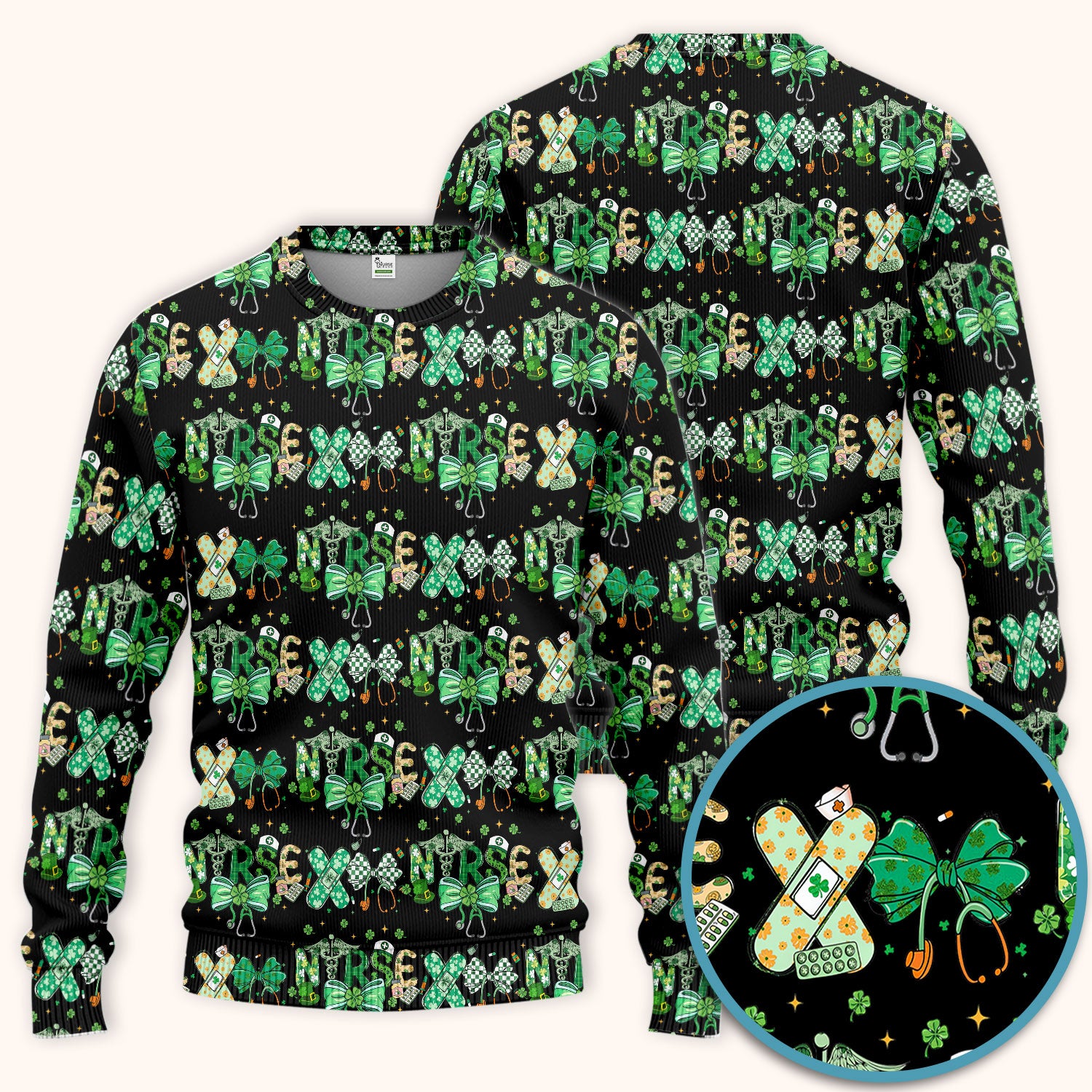 St. Patrick’s Nurse Scrub Set, Lucky Clover And Green Bow Pattern Nurse Shirt, Breathable Fabrics Nursing Uniform