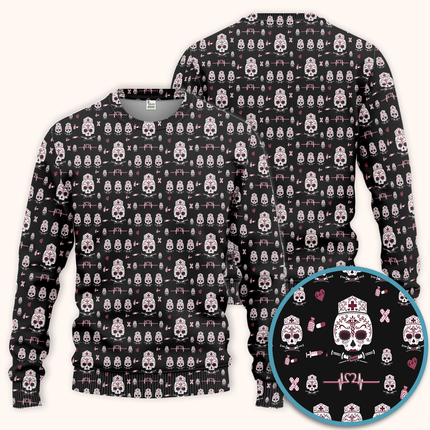 Sugar Skull Scrub Set, Skull Pattern Scrub Shirt, Breathable Fabrics Nursing Uniform