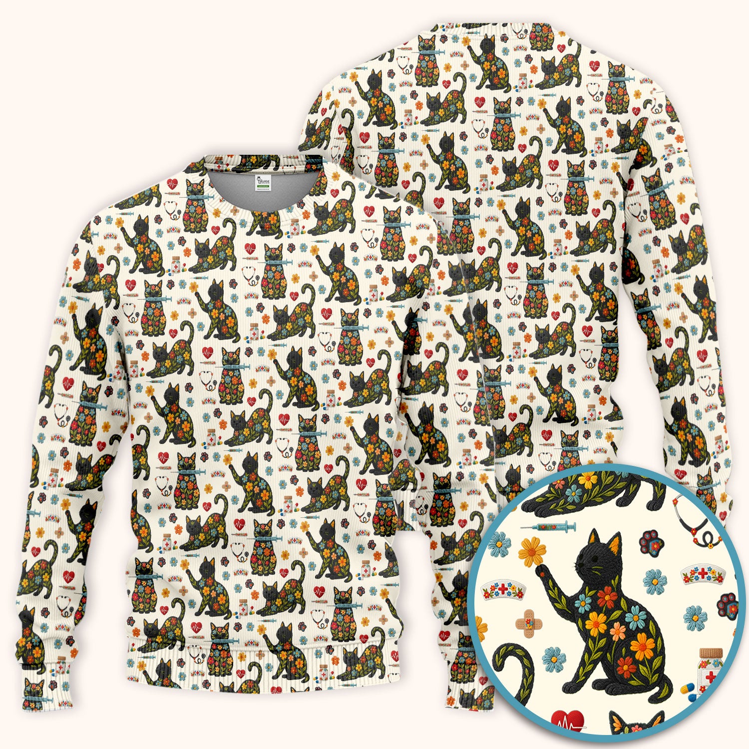 Floral Black Cat Pattern Scrub Set, Cute Cat Nurse Scrub Shirt, Medical Nursing Uniform