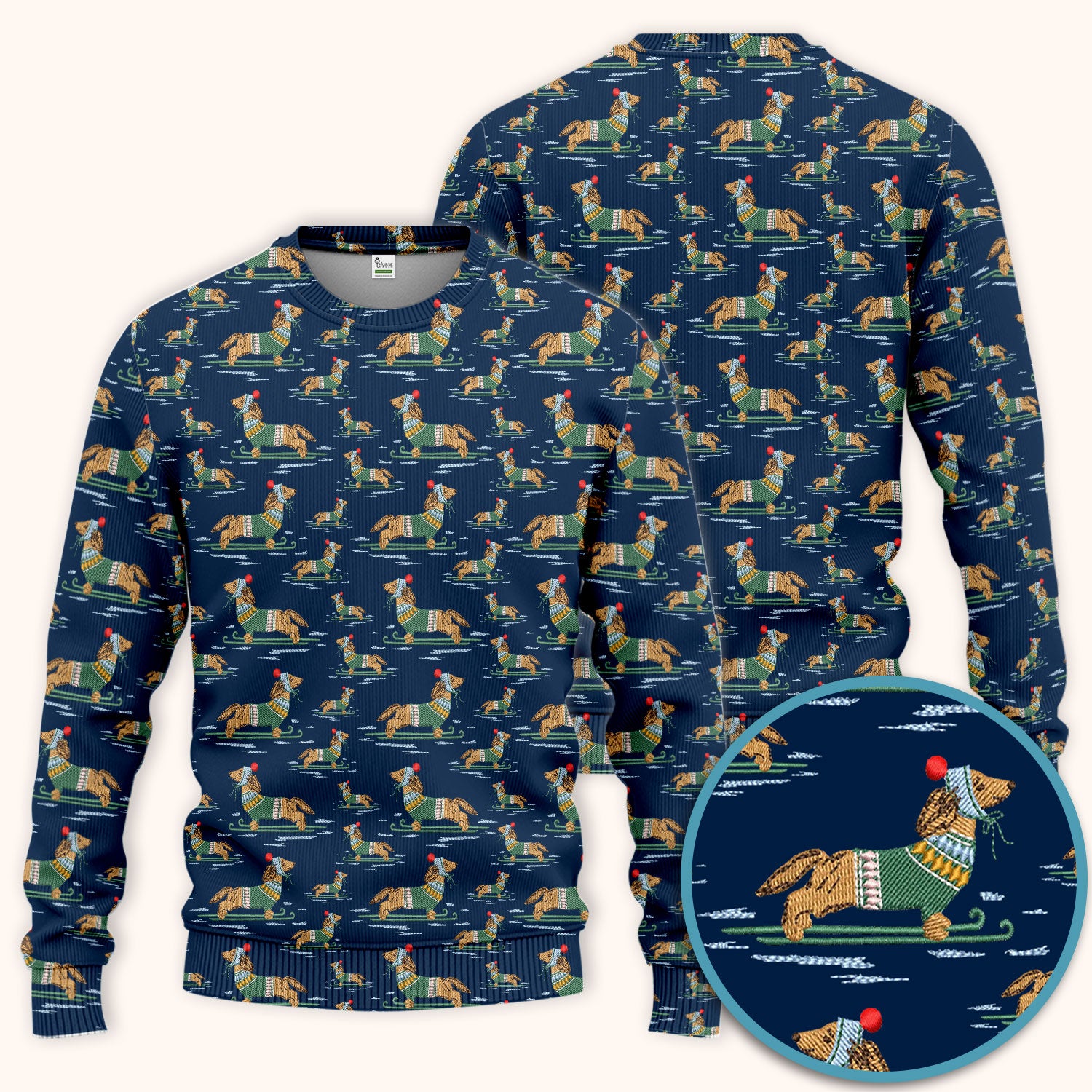 Dachshund Nurse Scrub Set, Wiener Dog Winter Pattern Shirt, Breathable Fabrics Nursing Uniform