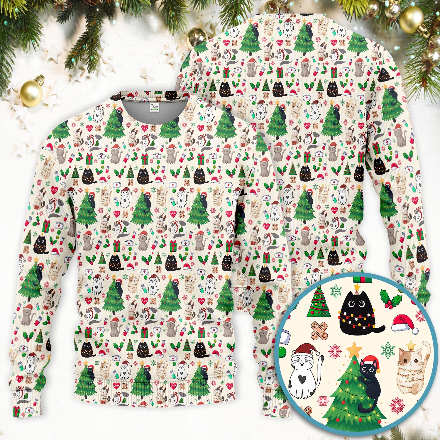 Christmas Cat Scrub Set, Xmas Pet Pattern Scrub Shirt, Breathable Fabrics Nursing Uniform