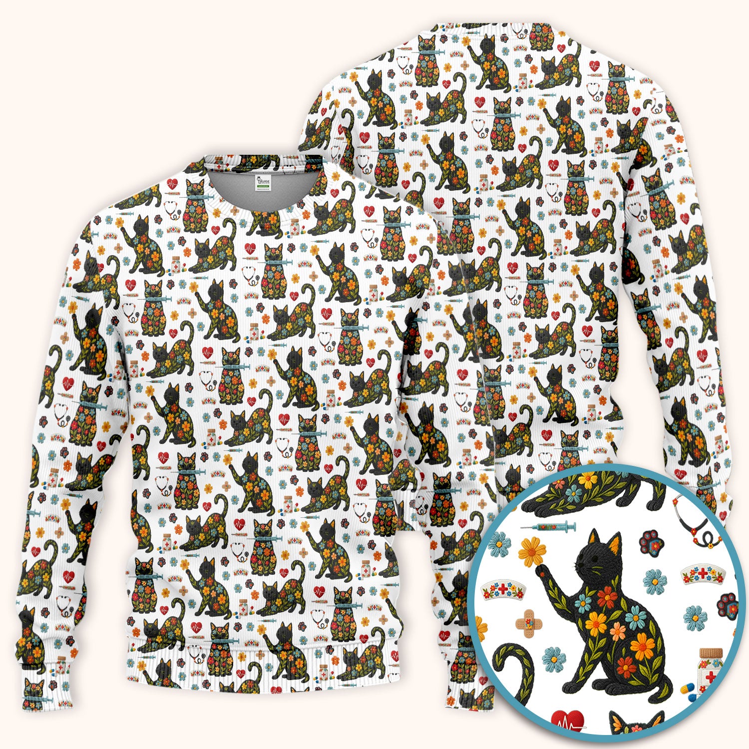 Floral Black Cat Pattern Scrub Set, Cute Cat Nurse Scrub Shirt, Medical Nursing Uniform