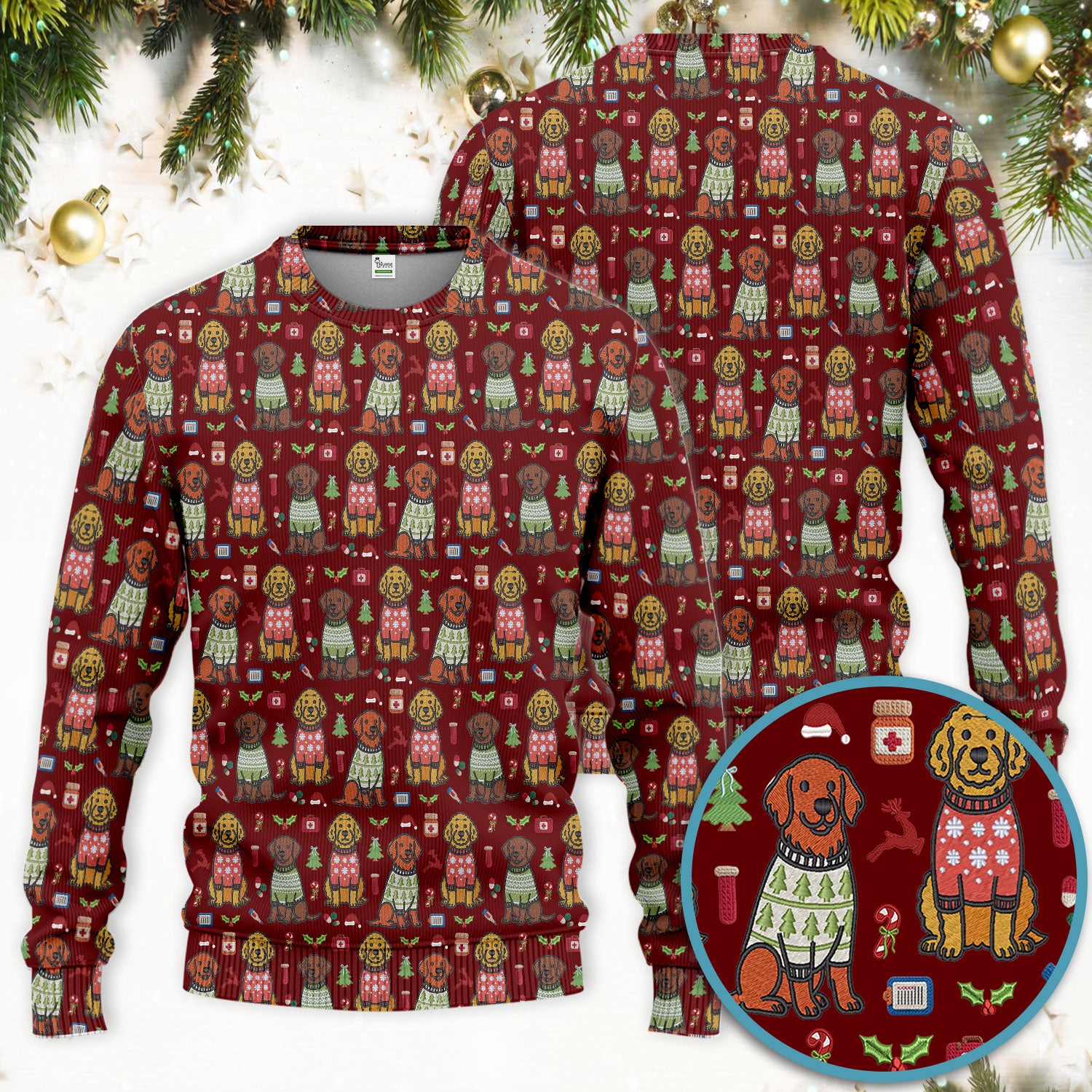 Golden Retriever Christmas Scrub Set, Cute Holiday Dog Nurse Pattern Shirt, Breathable Fabrics Nursing Uniform