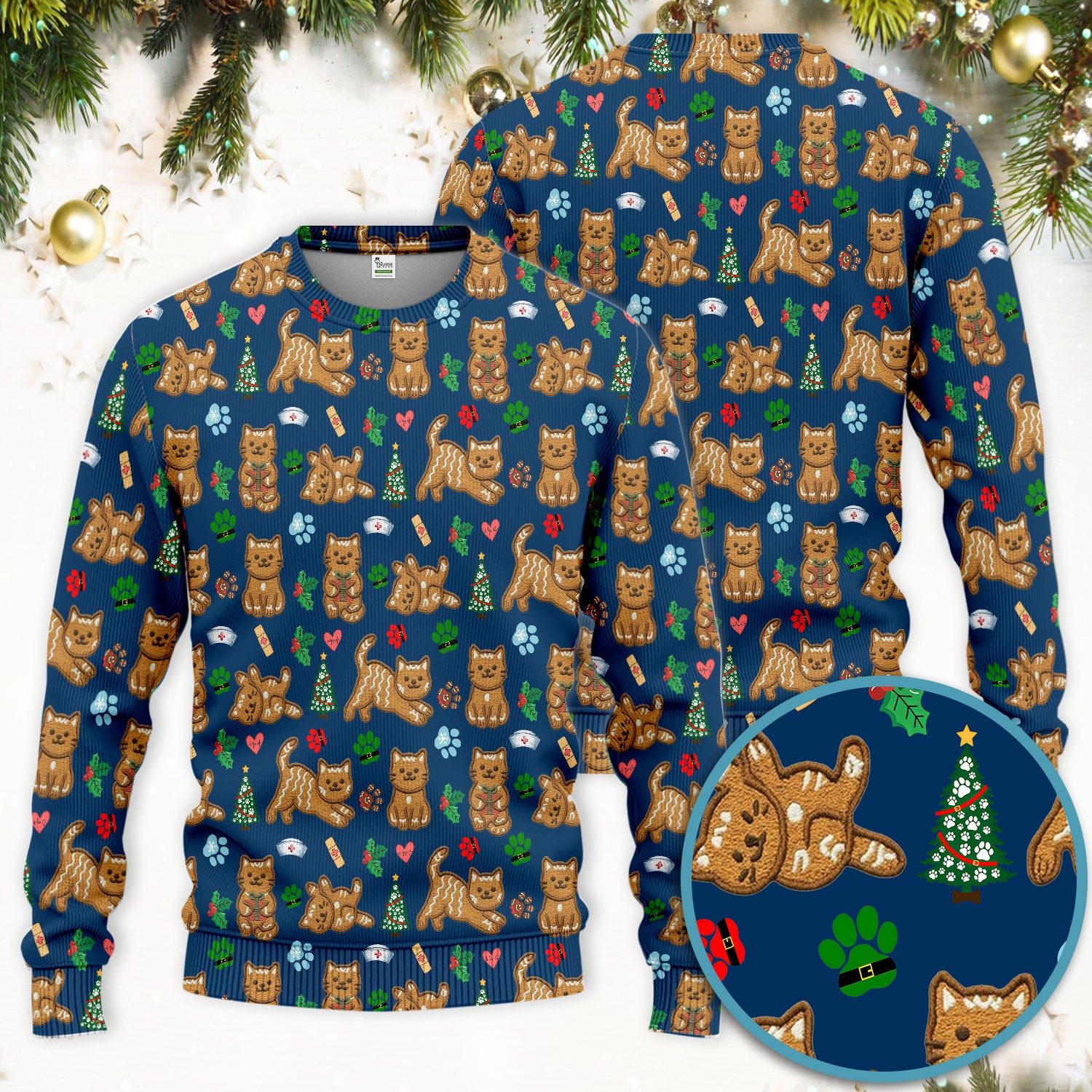 Gingerbread Cat Christmas Scrub Set, Cute Holiday Kitty Medical Uniform Shirt For Nursing, Festive Nurse Pattern
