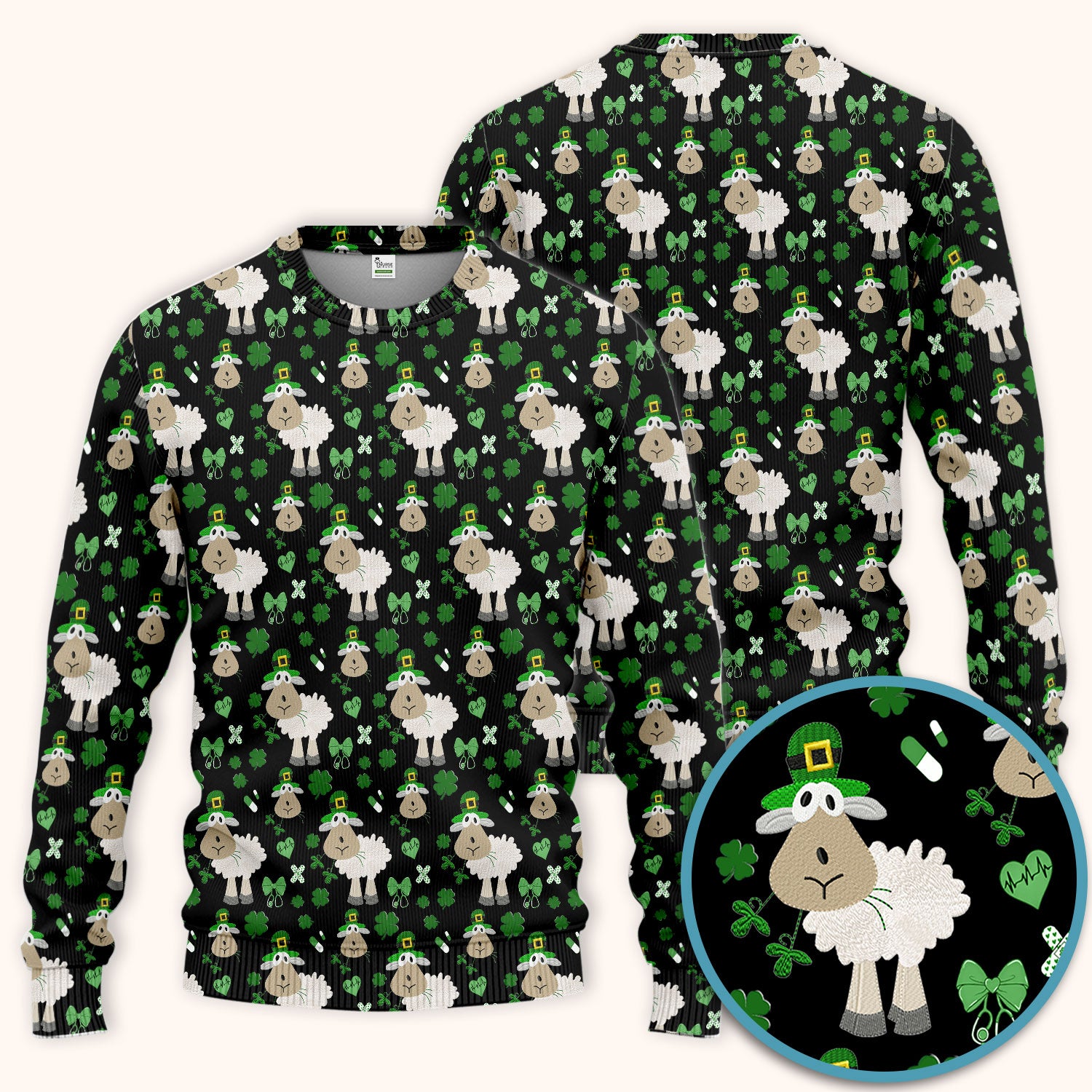 Nurse St. Patrick Scrubs Set, Cute Sheep Shamrock Pattern Nurse Shirt, Breathable Fabrics Nursing Uniform