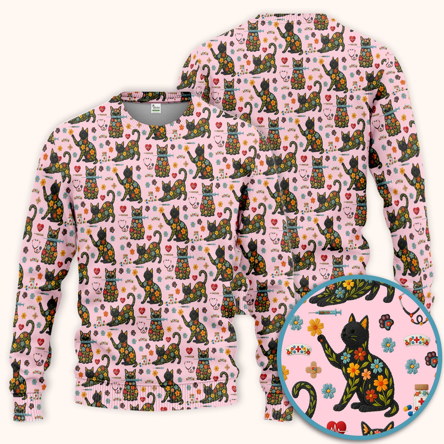 Floral Black Cat Pattern Scrub Set, Cute Cat Nurse Scrub Shirt, Medical Nursing Uniform