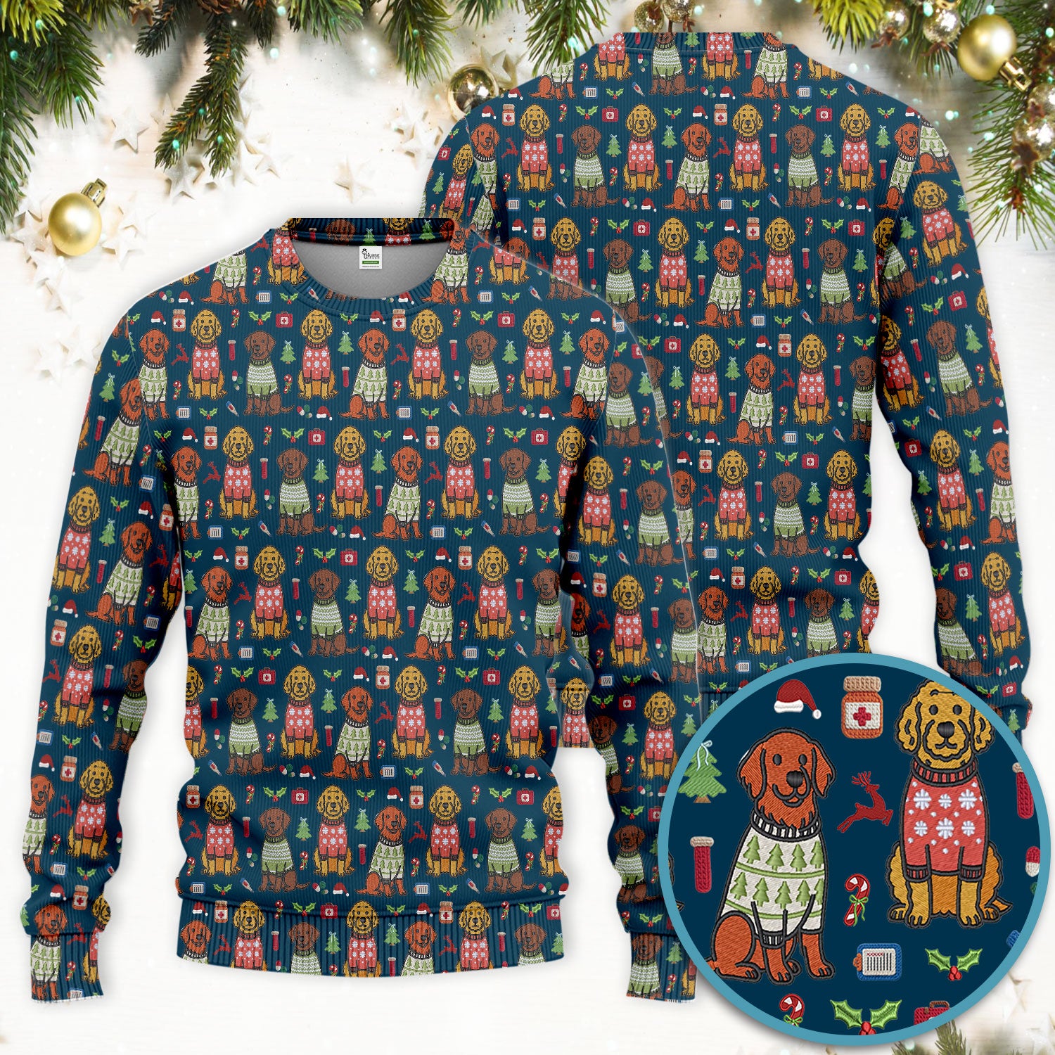 Golden Retriever Christmas Scrub Set, Cute Holiday Dog Nurse Pattern Shirt, Breathable Fabrics Nursing Uniform