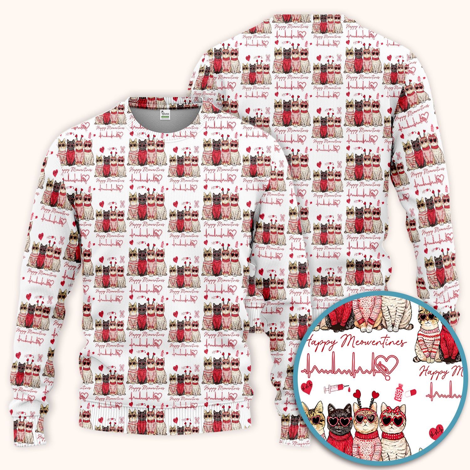 Happy Meowtines Cat Pattern Scrub Set, Valentine Cat Lover Nurse Scrub Shirt, Heartbeat Medical Pattern Nursing Uniform