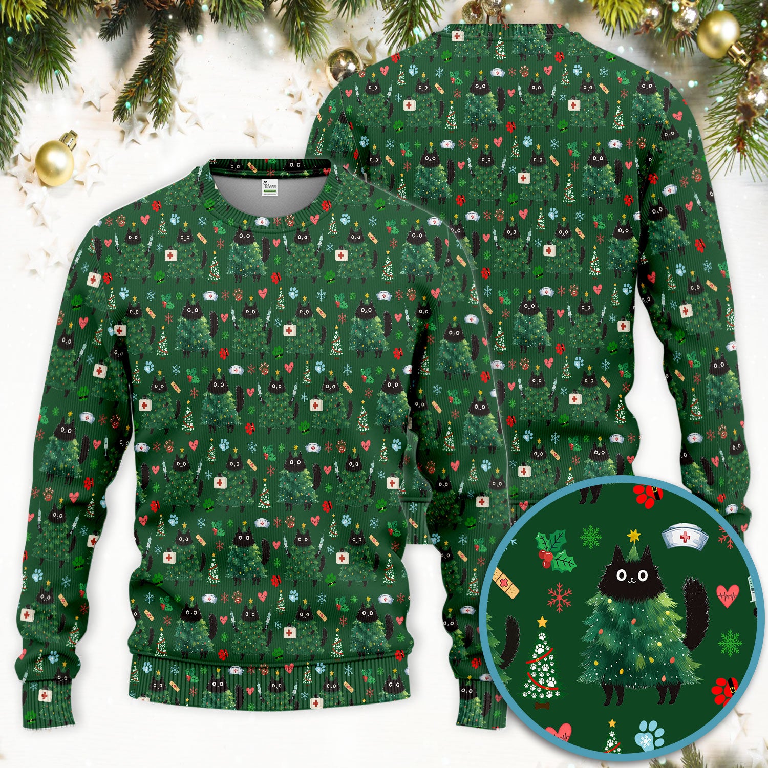 Christmas Nurse Scrub Set, Xmas Black Cat Pattern Nurse Shirt,  Breathable Fabrics Nursing Uniform