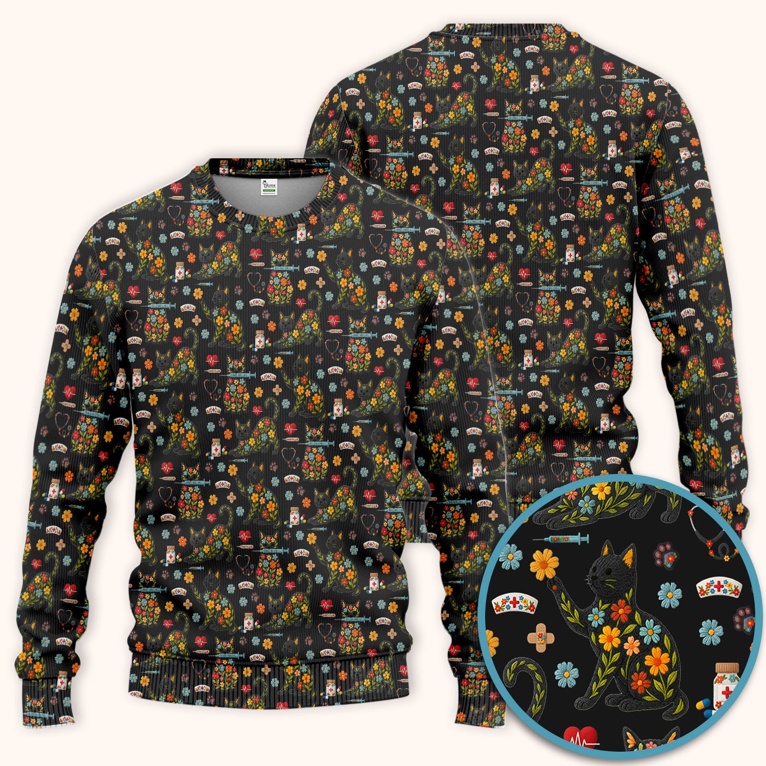 Floral Black Cat Pattern Scrub Set, Cute Cat Nurse Scrub Shirt, Medical Nursing Uniform
