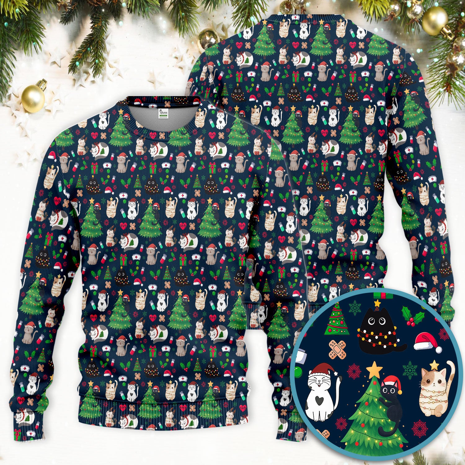 Christmas Cat Scrub Set, Xmas Pet Pattern Scrub Shirt, Breathable Fabrics Nursing Uniform