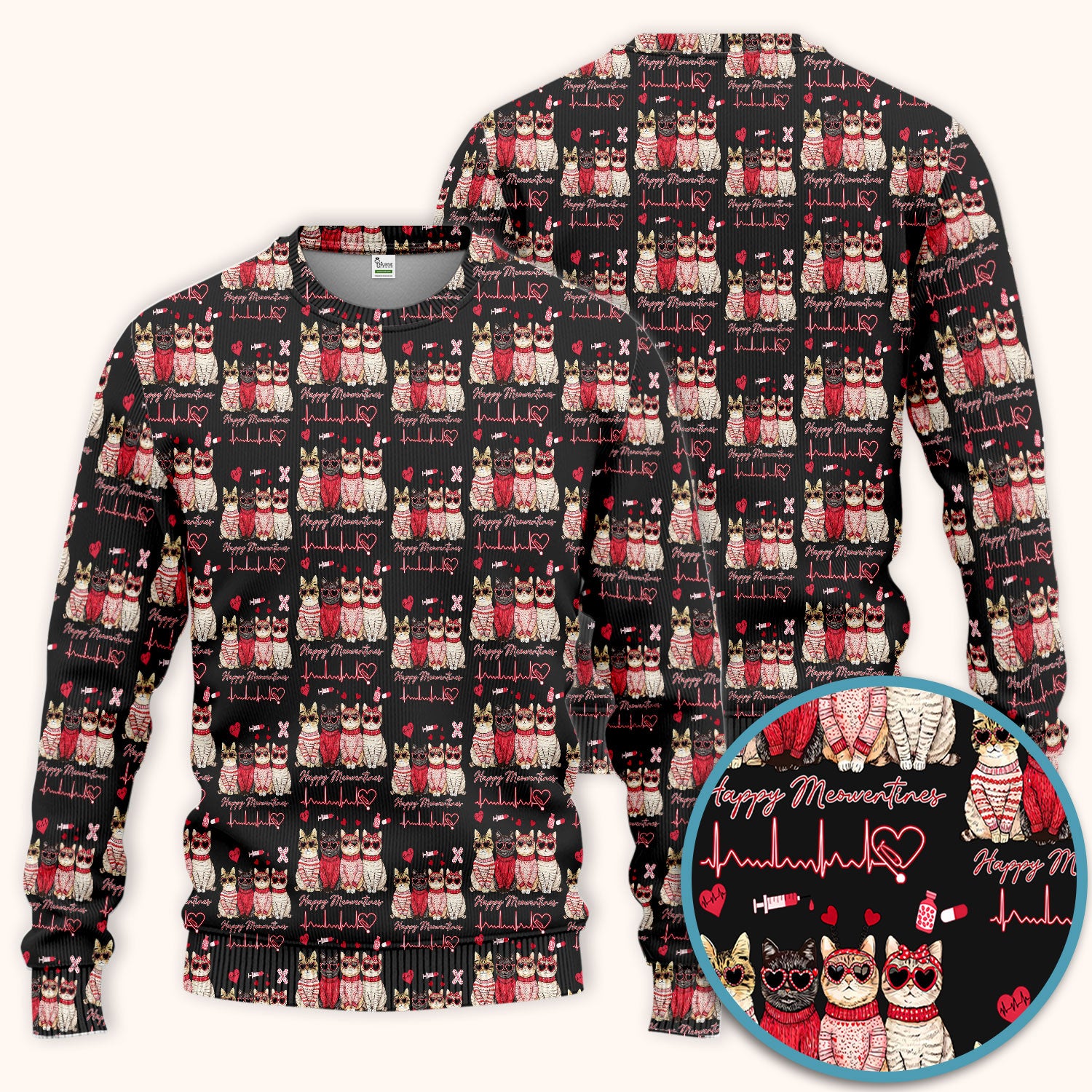 Happy Meowtines Cat Pattern Scrub Set, Valentine Cat Lover Nurse Scrub Shirt, Heartbeat Medical Pattern Nursing Uniform