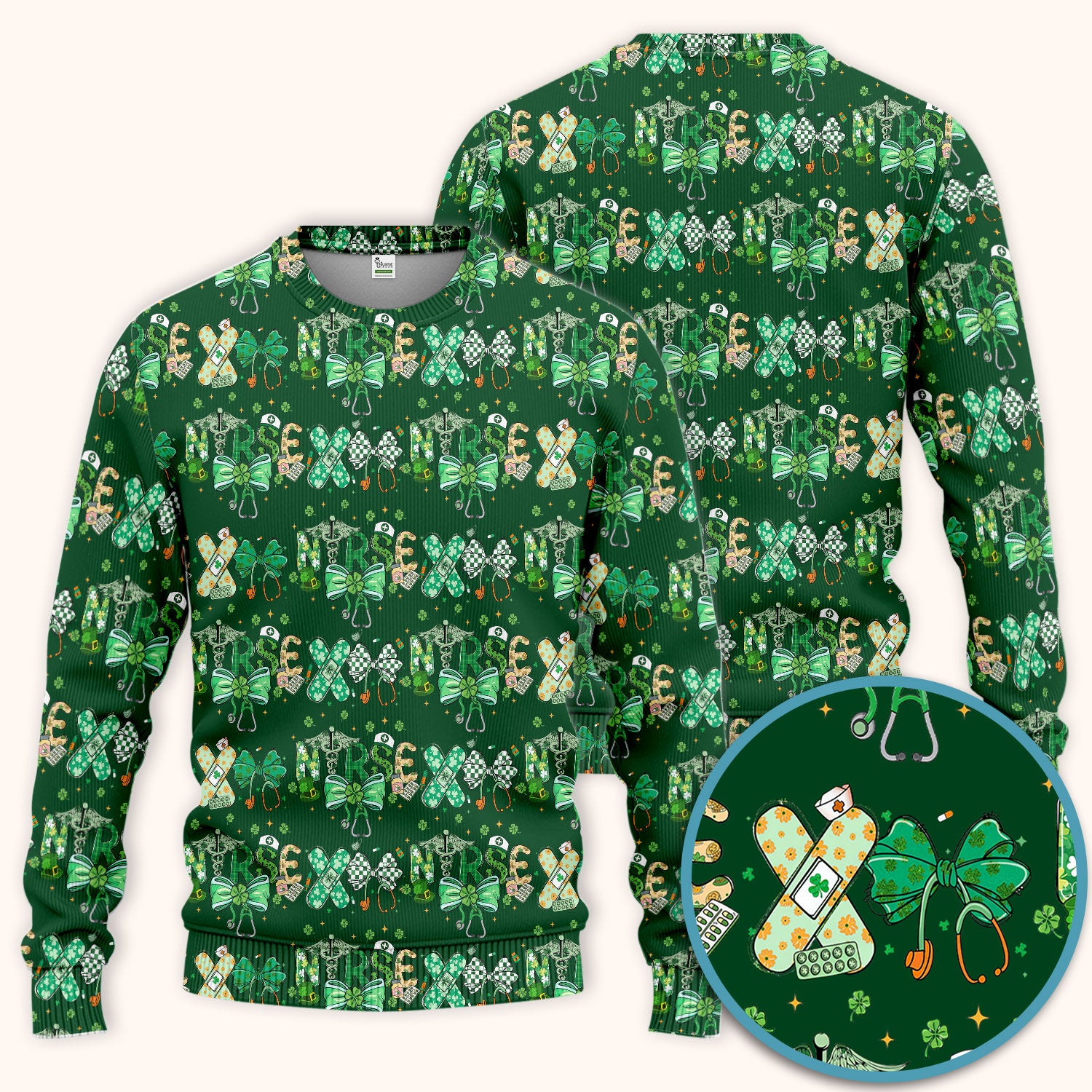 St. Patrick’s Nurse Scrub Set, Lucky Clover And Green Bow Pattern Nurse Shirt, Breathable Fabrics Nursing Uniform