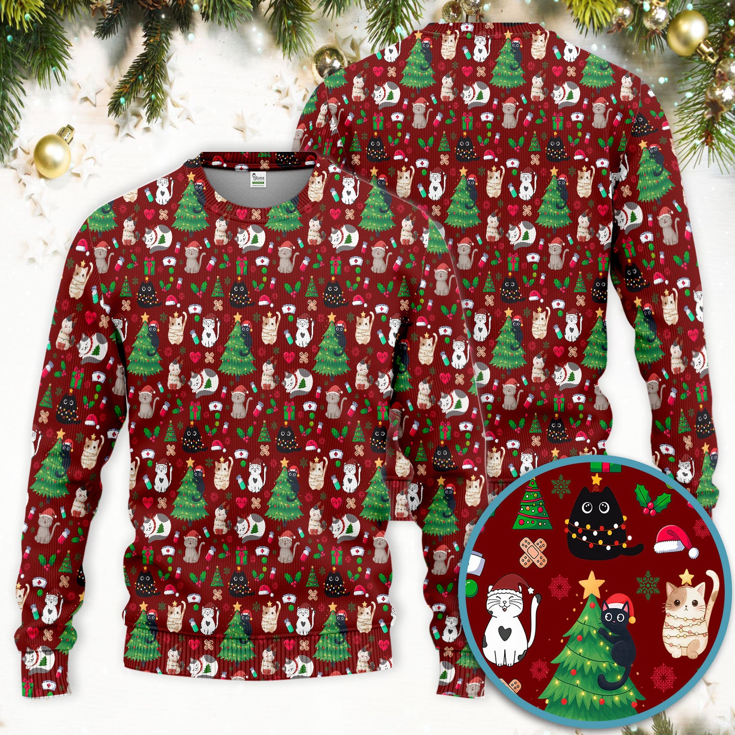 Christmas Cat Scrub Set, Xmas Pet Pattern Scrub Shirt, Breathable Fabrics Nursing Uniform