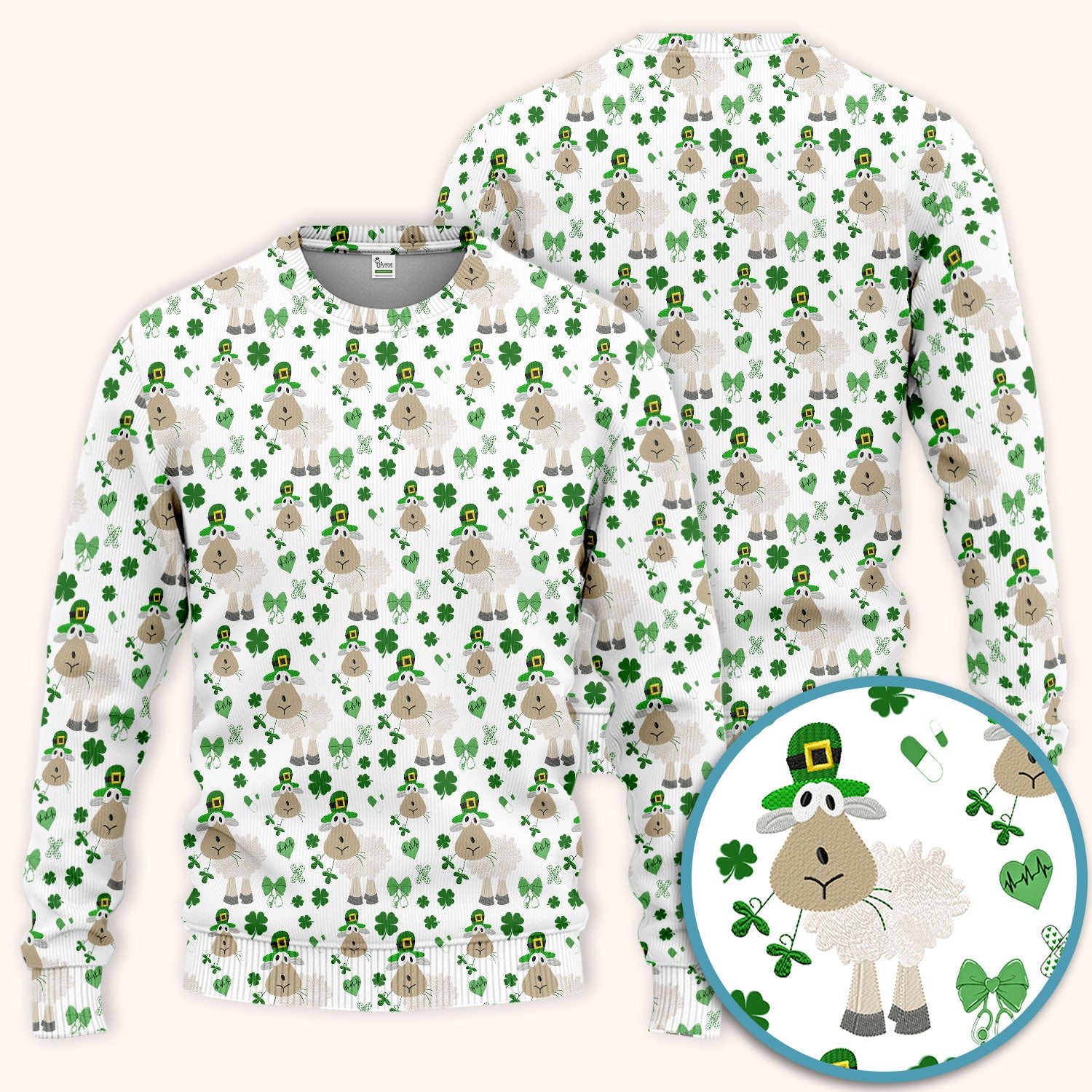 Nurse St. Patrick Scrubs Set, Cute Sheep Shamrock Pattern Nurse Shirt, Breathable Fabrics Nursing Uniform