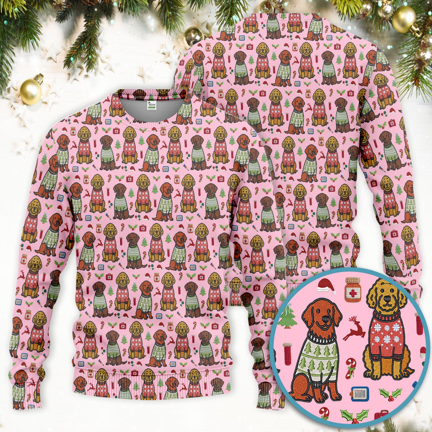 Golden Retriever Christmas Scrub Set, Cute Holiday Dog Nurse Pattern Shirt, Breathable Fabrics Nursing Uniform