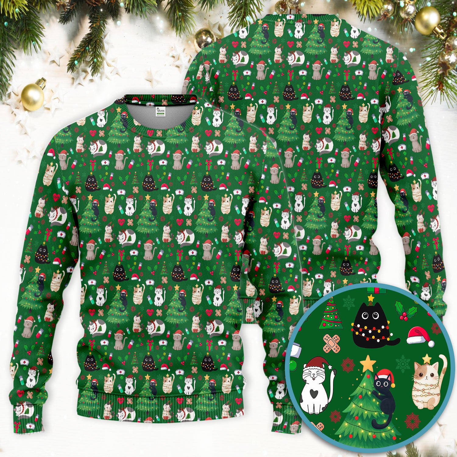 Christmas Cat Scrub Set, Xmas Pet Pattern Scrub Shirt, Breathable Fabrics Nursing Uniform