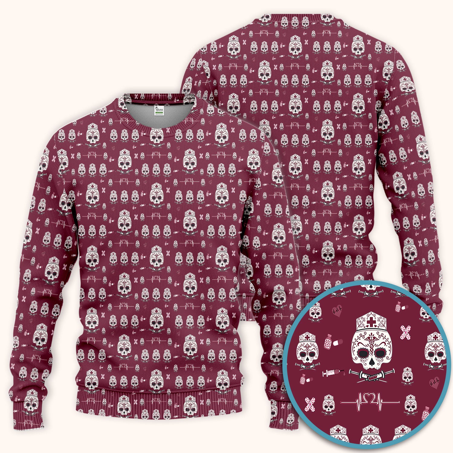 Sugar Skull Scrub Set, Skull Pattern Scrub Shirt, Breathable Fabrics Nursing Uniform