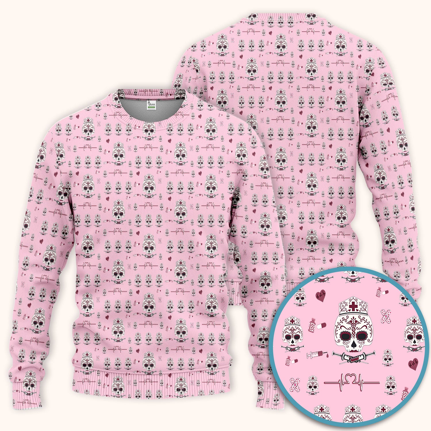 Sugar Skull Scrub Set, Skull Pattern Scrub Shirt, Breathable Fabrics Nursing Uniform