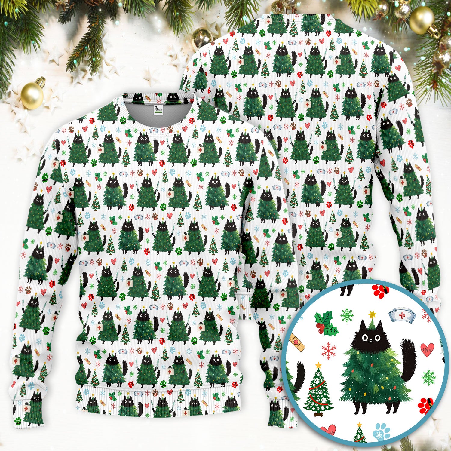 Christmas Nurse Scrub Set, Xmas Black Cat Pattern Nurse Shirt,  Breathable Fabrics Nursing Uniform
