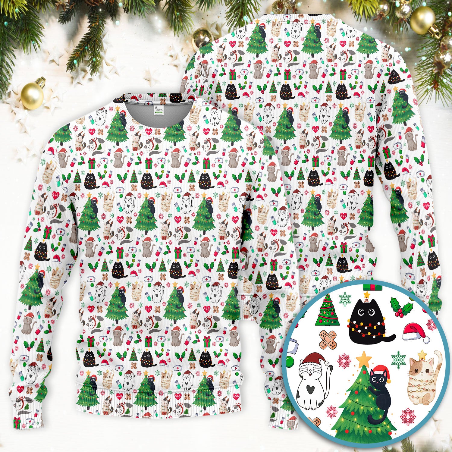 Christmas Cat Scrub Set, Xmas Pet Pattern Scrub Shirt, Breathable Fabrics Nursing Uniform