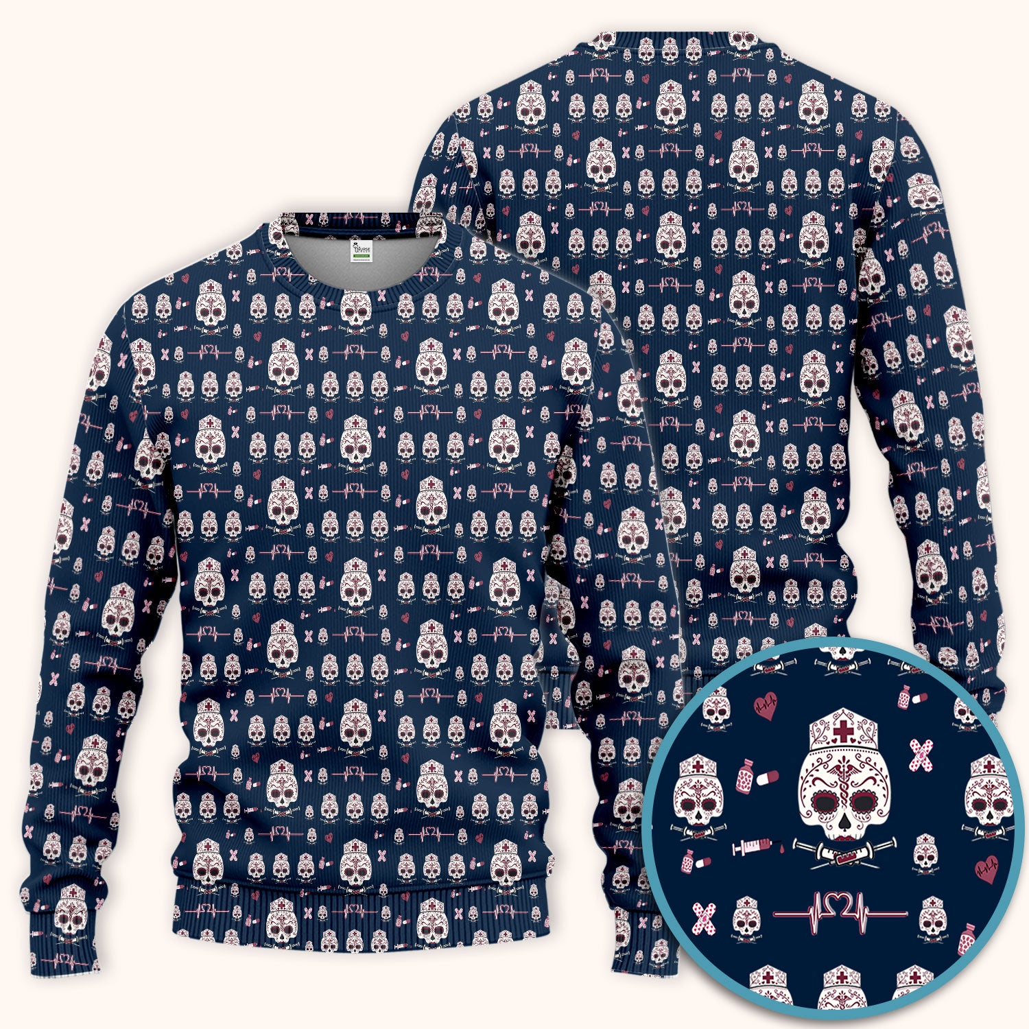 Sugar Skull Scrub Set, Skull Pattern Scrub Shirt, Breathable Fabrics Nursing Uniform