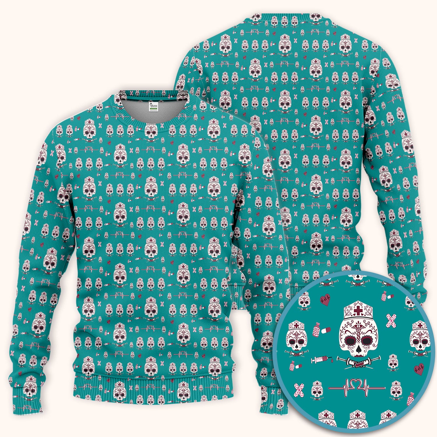 Sugar Skull Scrub Set, Skull Pattern Scrub Shirt, Breathable Fabrics Nursing Uniform