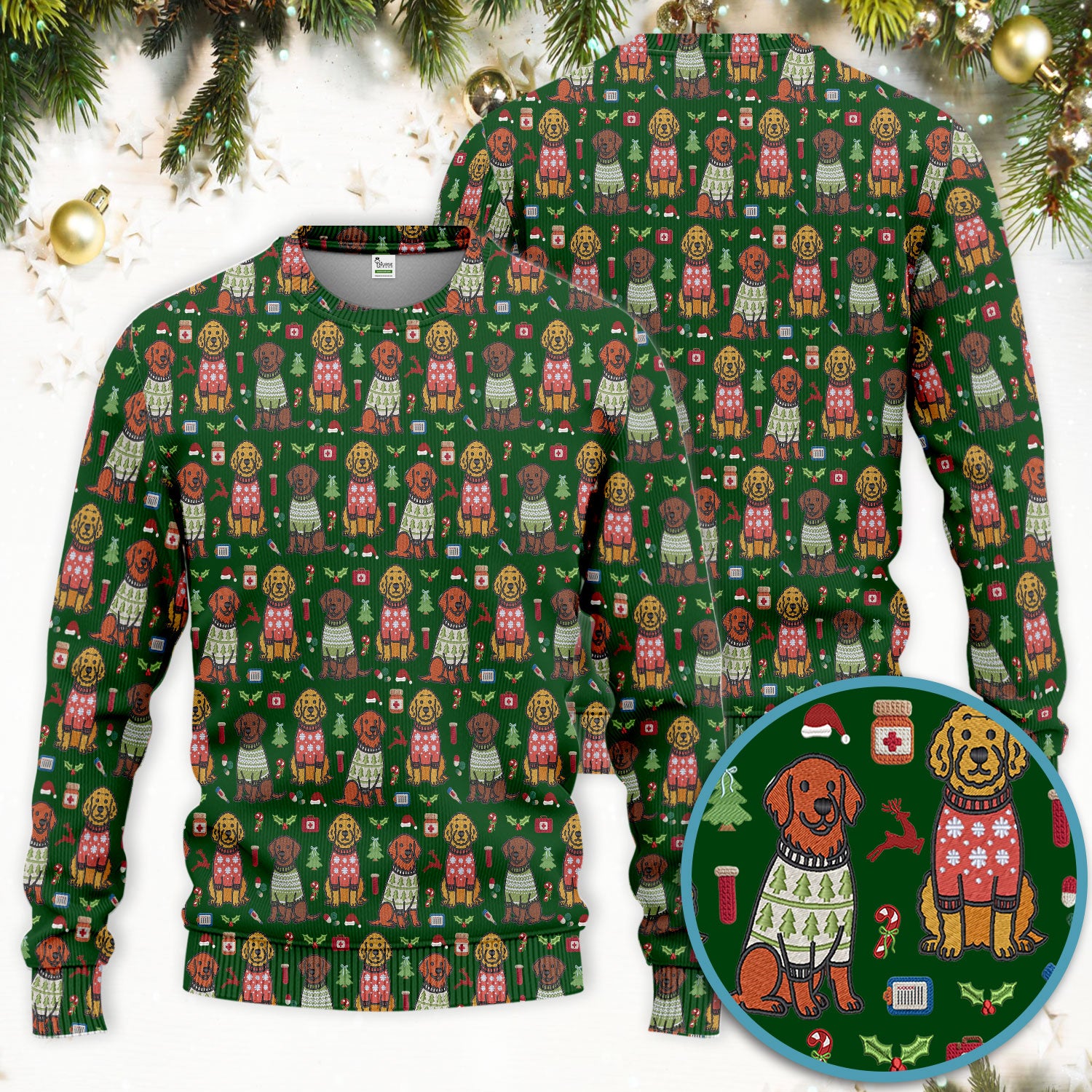 Golden Retriever Christmas Scrub Set, Cute Holiday Dog Nurse Pattern Shirt, Breathable Fabrics Nursing Uniform