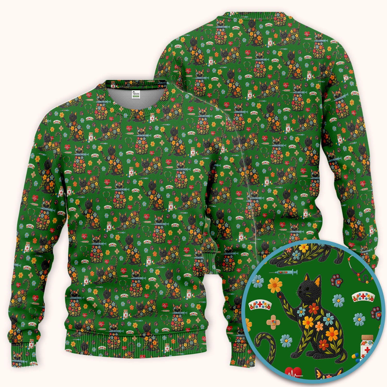 Floral Black Cat Pattern Scrub Set, Cute Cat Nurse Scrub Shirt, Medical Nursing Uniform