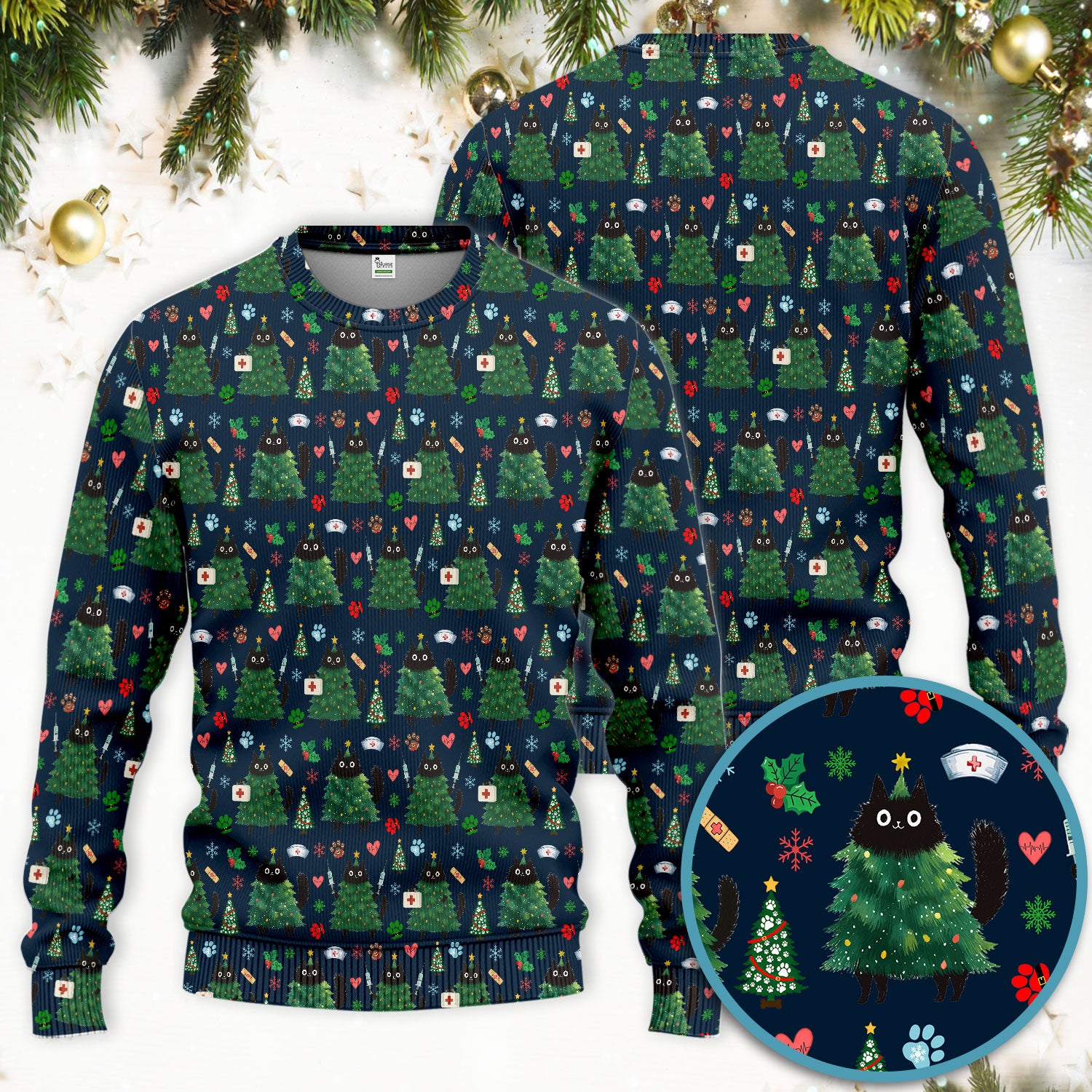Christmas Nurse Scrub Set, Xmas Black Cat Pattern Nurse Shirt,  Breathable Fabrics Nursing Uniform