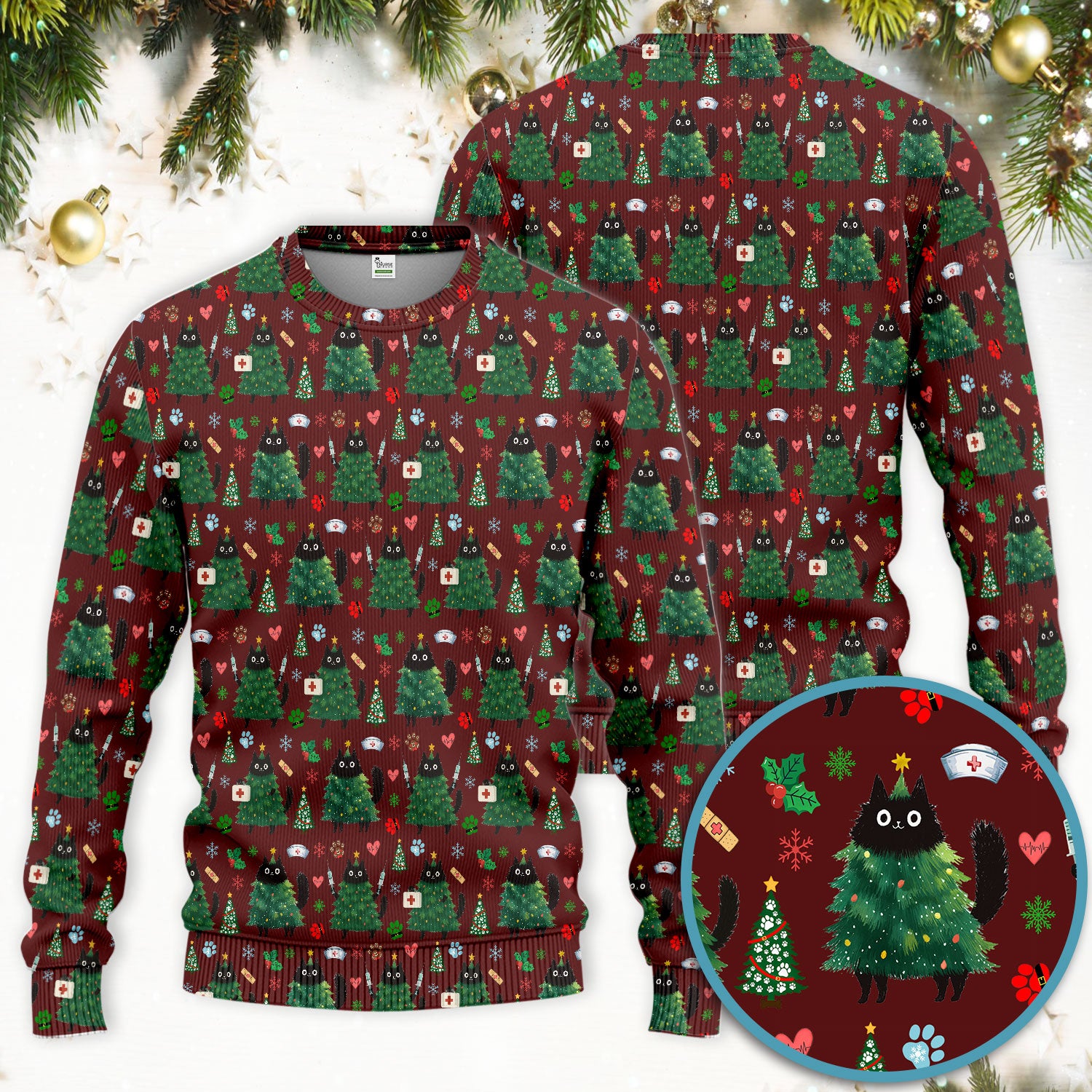 Christmas Nurse Scrub Set, Xmas Black Cat Pattern Nurse Shirt,  Breathable Fabrics Nursing Uniform