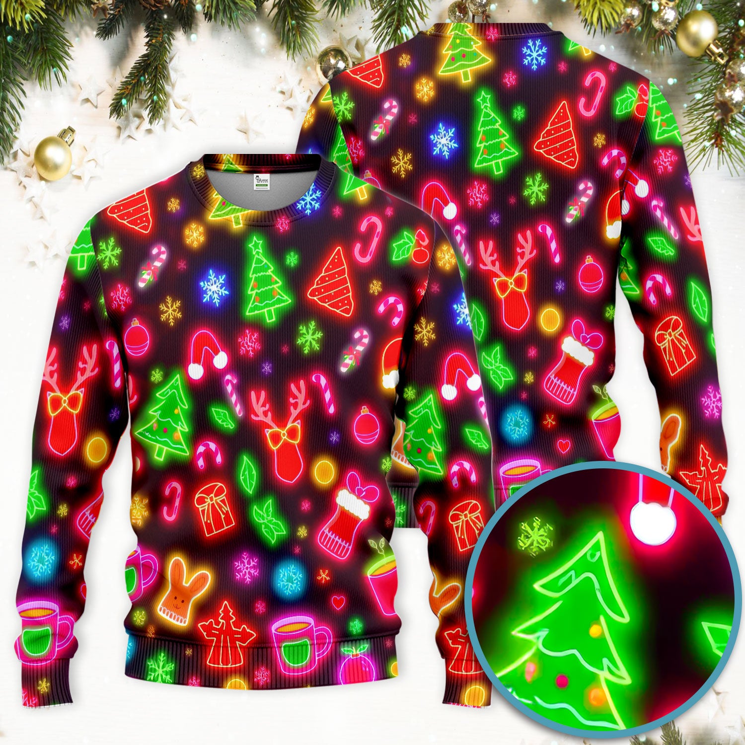 Reindeer Neon Xmas Scrub Set, Christmas Pattern Scrub Shirt,  Breathable Fabrics Nursing Uniform