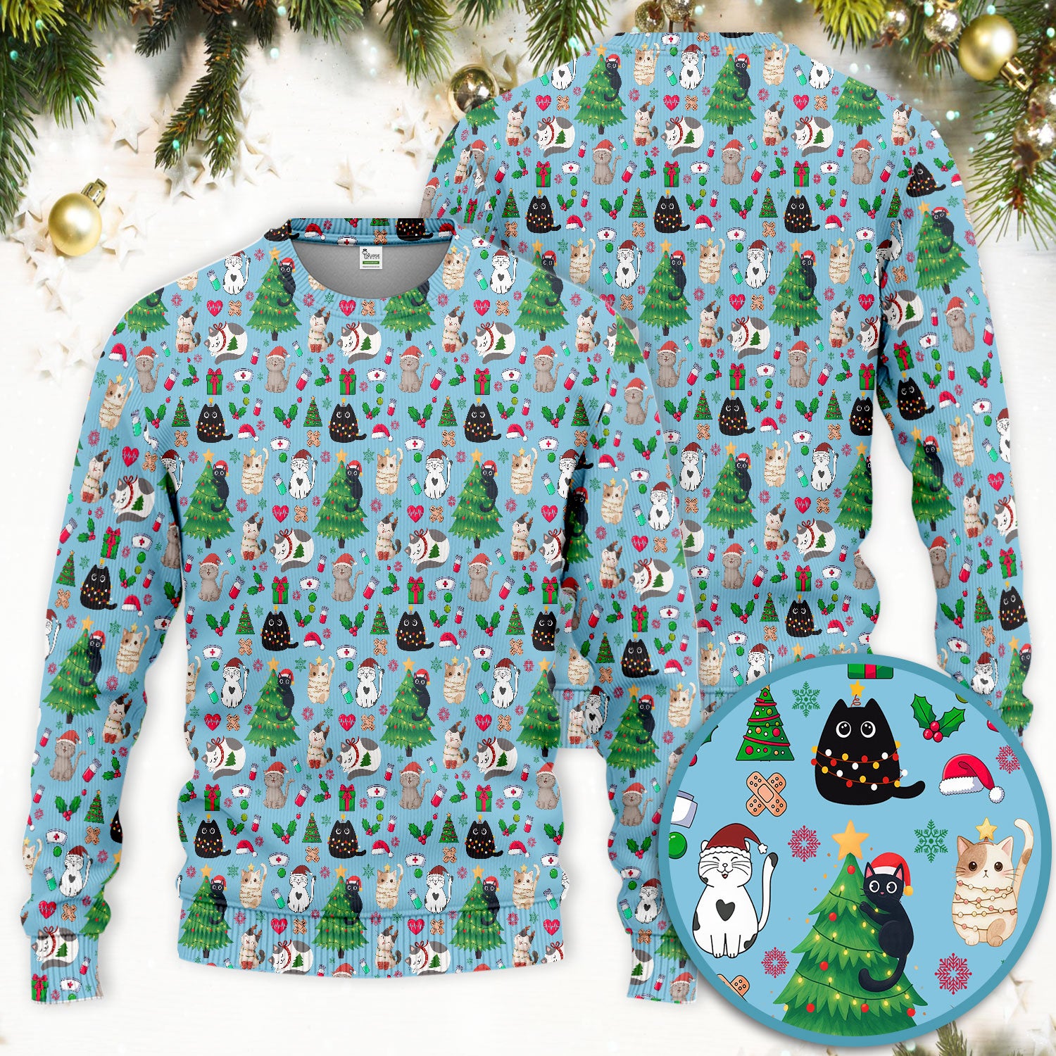 Christmas Cat Scrub Set, Xmas Pet Pattern Scrub Shirt, Breathable Fabrics Nursing Uniform