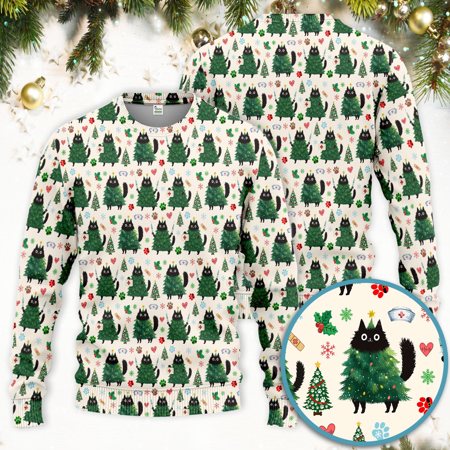 Christmas Nurse Scrub Set, Xmas Black Cat Pattern Nurse Shirt,  Breathable Fabrics Nursing Uniform
