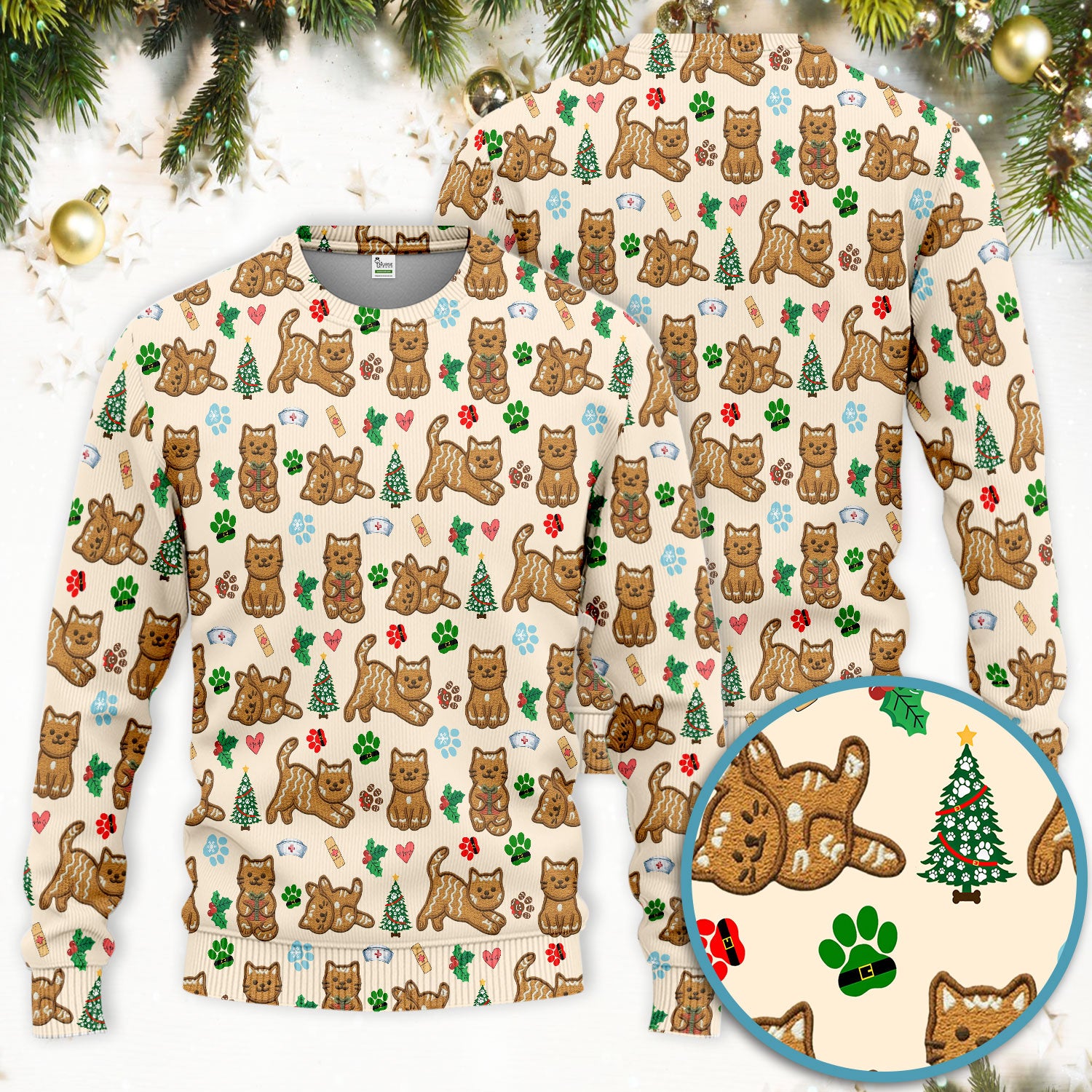 Gingerbread Cat Christmas Scrub Set, Cute Holiday Kitty Medical Uniform Shirt For Nursing, Festive Nurse Pattern