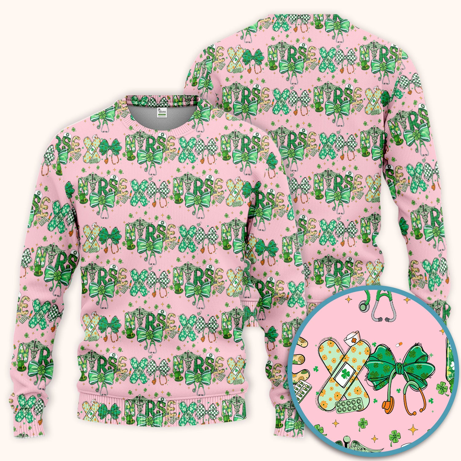 St. Patrick’s Nurse Scrub Set, Lucky Clover And Green Bow Pattern Nurse Shirt, Breathable Fabrics Nursing Uniform