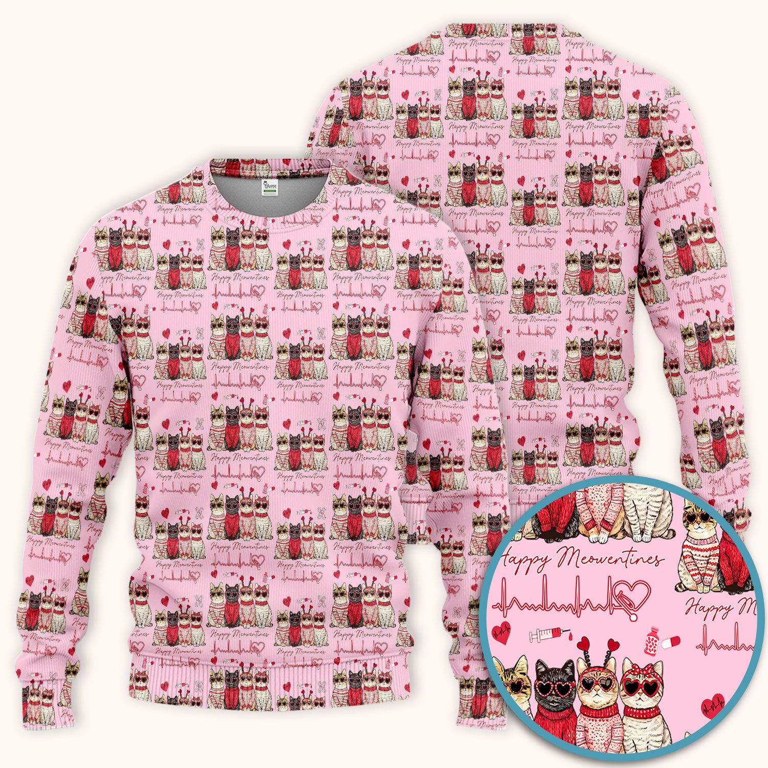 Happy Meowtines Cat Pattern Scrub Set, Valentine Cat Lover Nurse Scrub Shirt, Heartbeat Medical Pattern Nursing Uniform