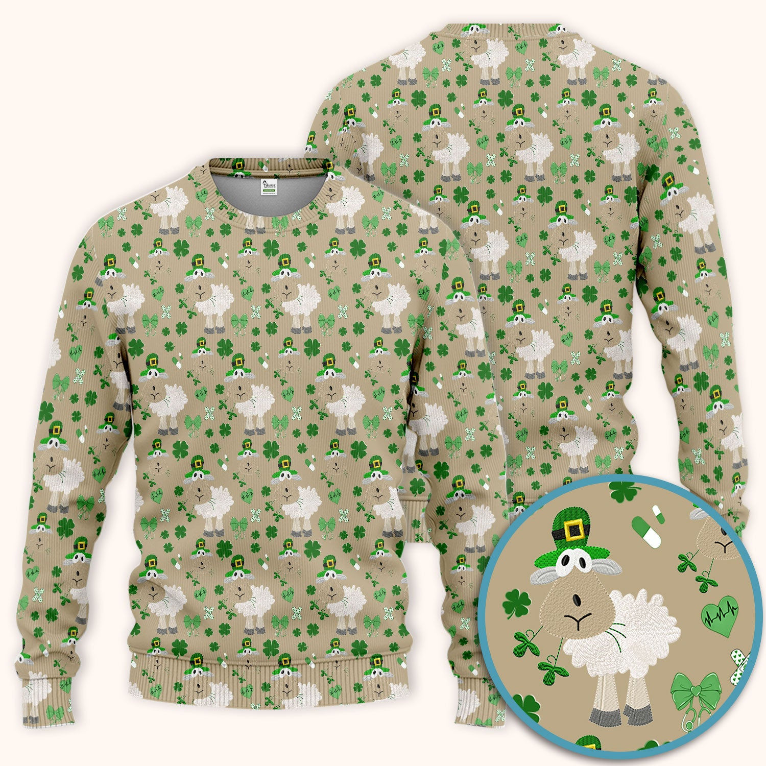 Nurse St. Patrick Scrubs Set, Cute Sheep Shamrock Pattern Nurse Shirt, Breathable Fabrics Nursing Uniform