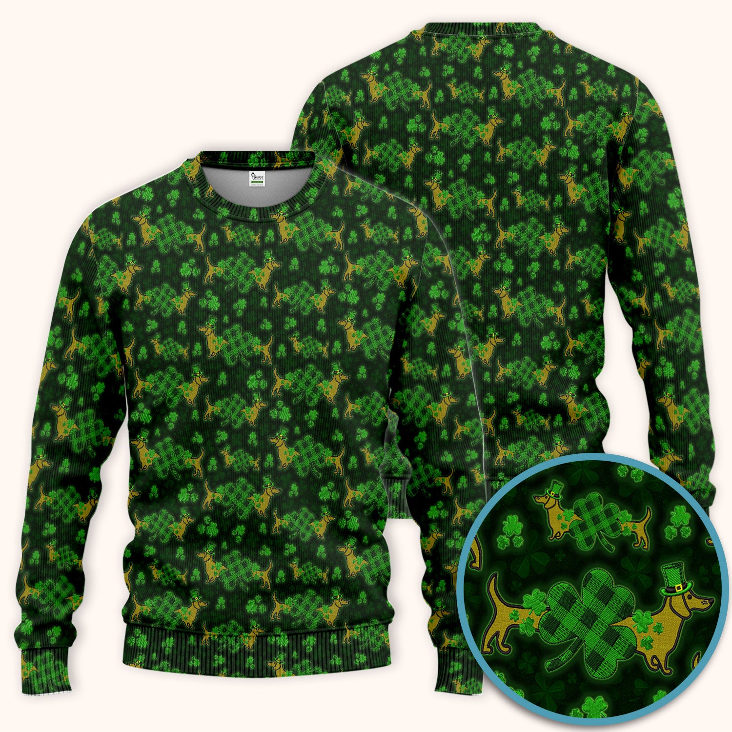 St. Patrick’s Day Dachshund Dog Pattern Scrub Set, Lucky Shamrock Puppy Nurse Scrub Shirt, Green Irish Nursing Uniform