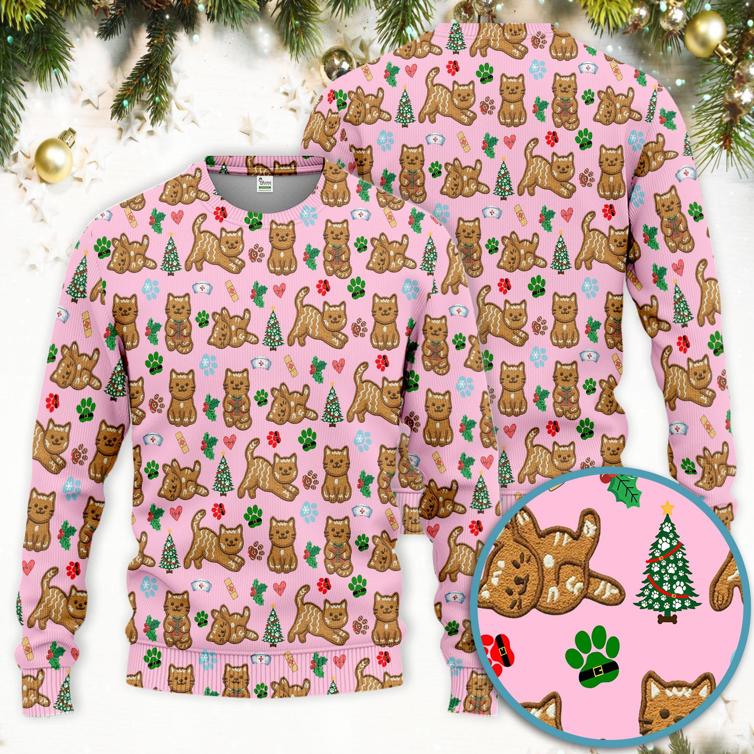 Gingerbread Cat Christmas Scrub Set, Cute Holiday Kitty Medical Uniform Shirt For Nursing, Festive Nurse Pattern