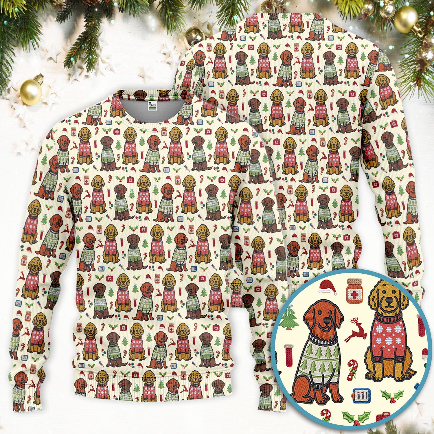 Golden Retriever Christmas Scrub Set, Cute Holiday Dog Nurse Pattern Shirt, Breathable Fabrics Nursing Uniform