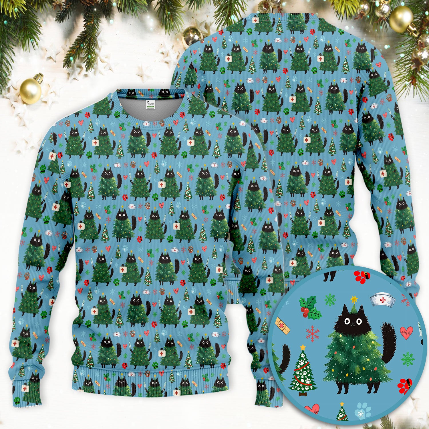 Christmas Nurse Scrub Set, Xmas Black Cat Pattern Nurse Shirt,  Breathable Fabrics Nursing Uniform