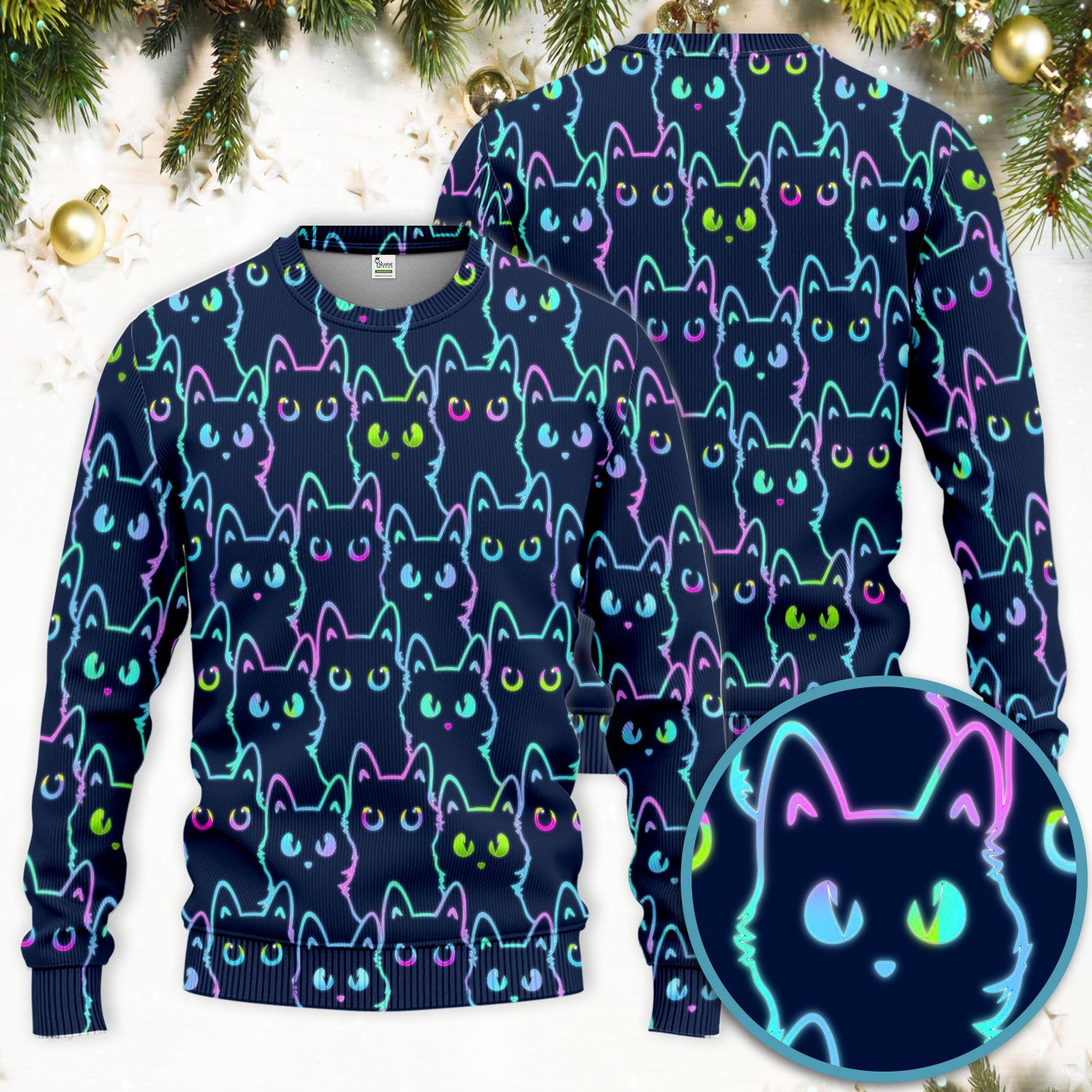 Neon Cat Pattern Scrub Set, Black Cat Scrub Shirt, Breathable Fabrics Nursing Uniform