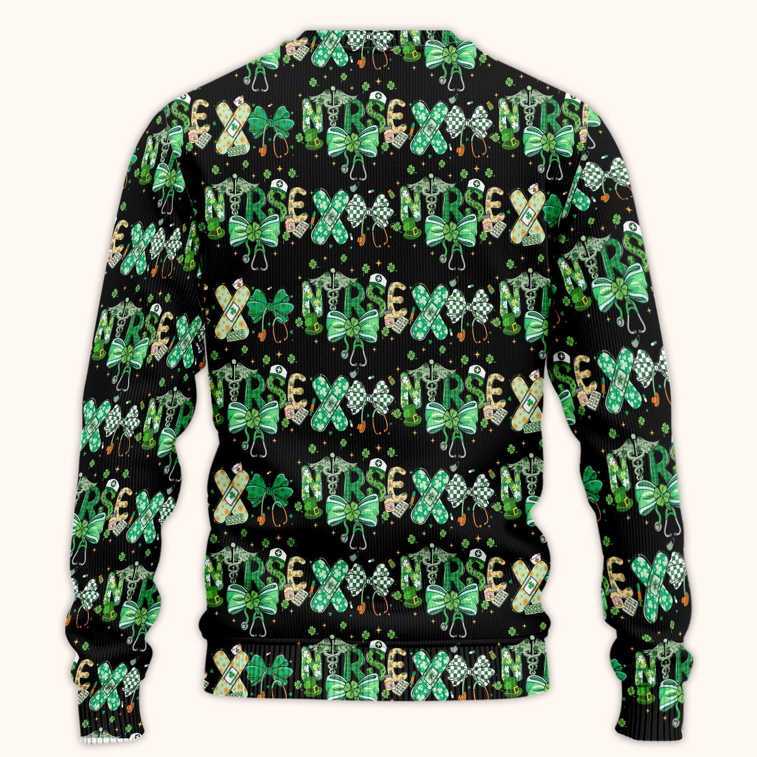 St. Patrick’s Nurse Scrub Set, Lucky Clover And Green Bow Pattern Nurse Shirt, Breathable Fabrics Nursing Uniform